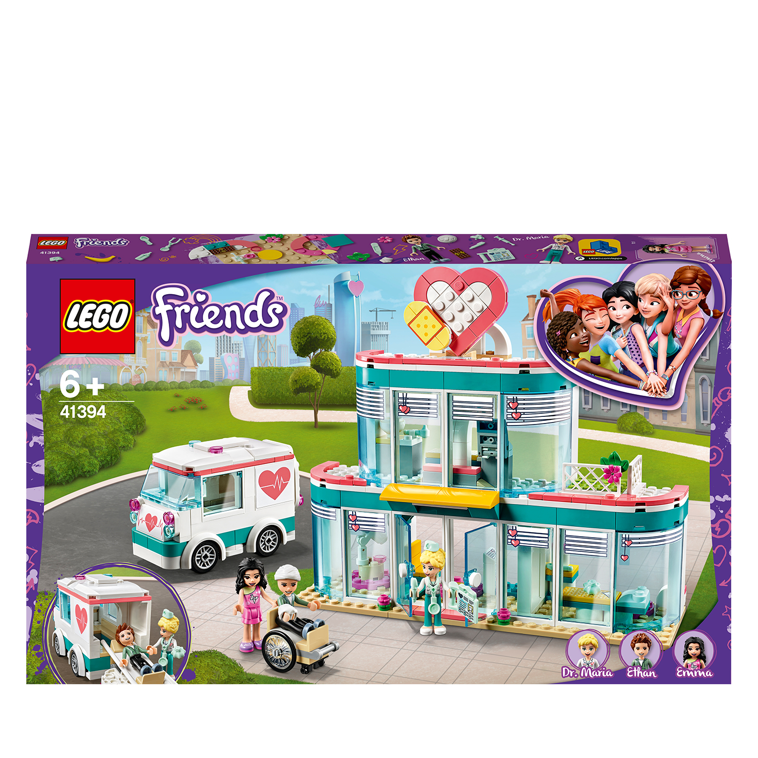 Lego Friends Set-Box mit einem Krankenhaus mit Krankenwagen, Figuren und einem Herzlogo.