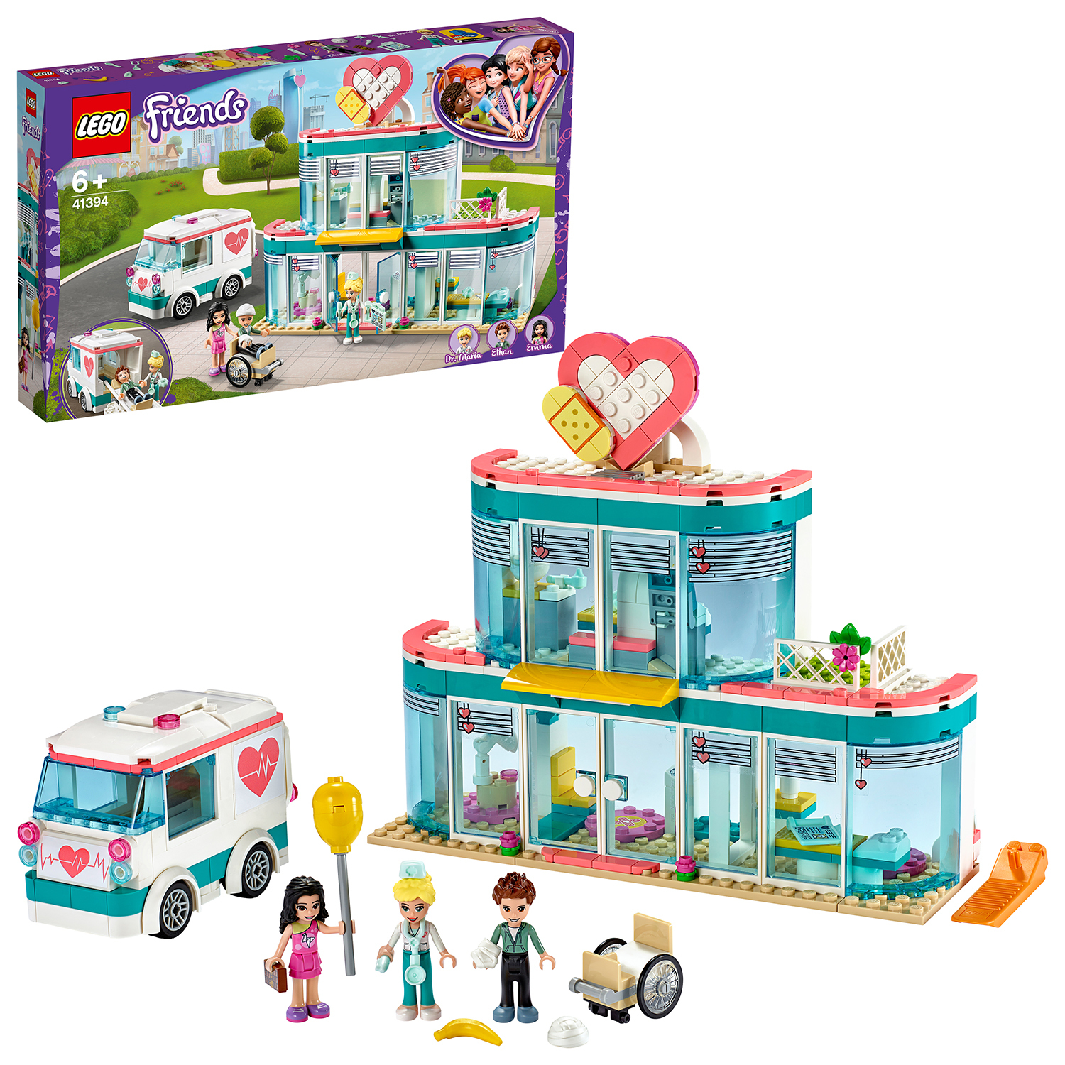 Lego Friends Set eines Krankenhauses und eines Krankenwagens mit Lego-Figuren und Zubehör.