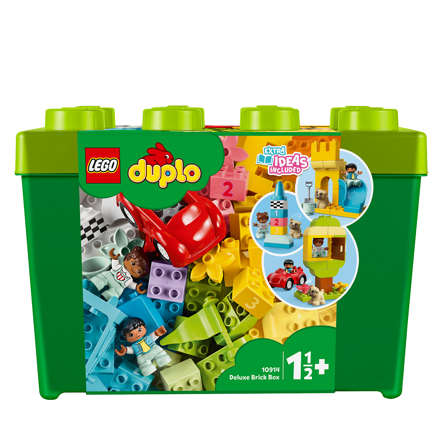 Zielone pudełko LEGO Duplo z zabawkami, czerwonym autem i figurkami.