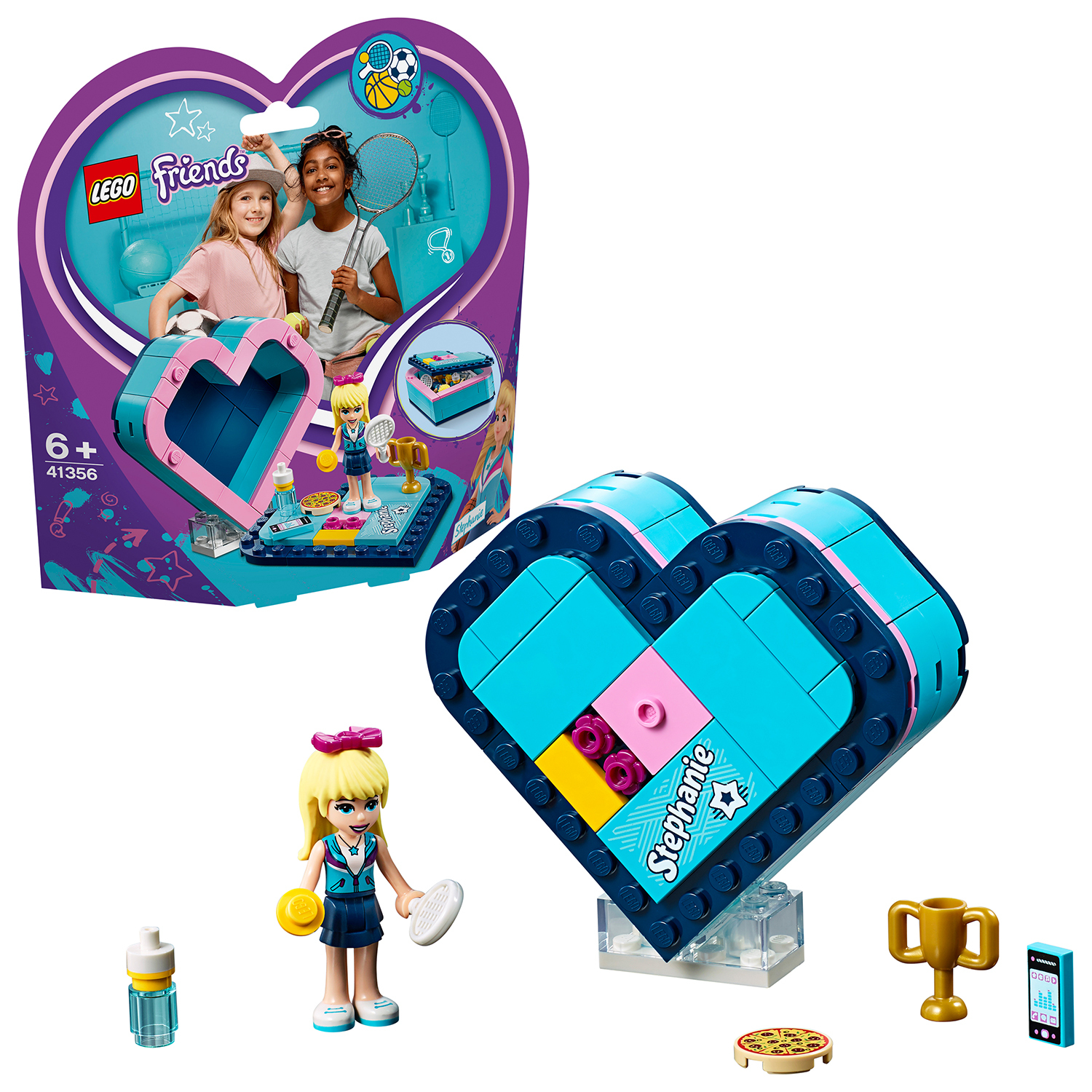 LEGO Friends-Set. Enthält eine herzförmige Box, eine Mini-Figur mit Tennisschläger und Zubehör.