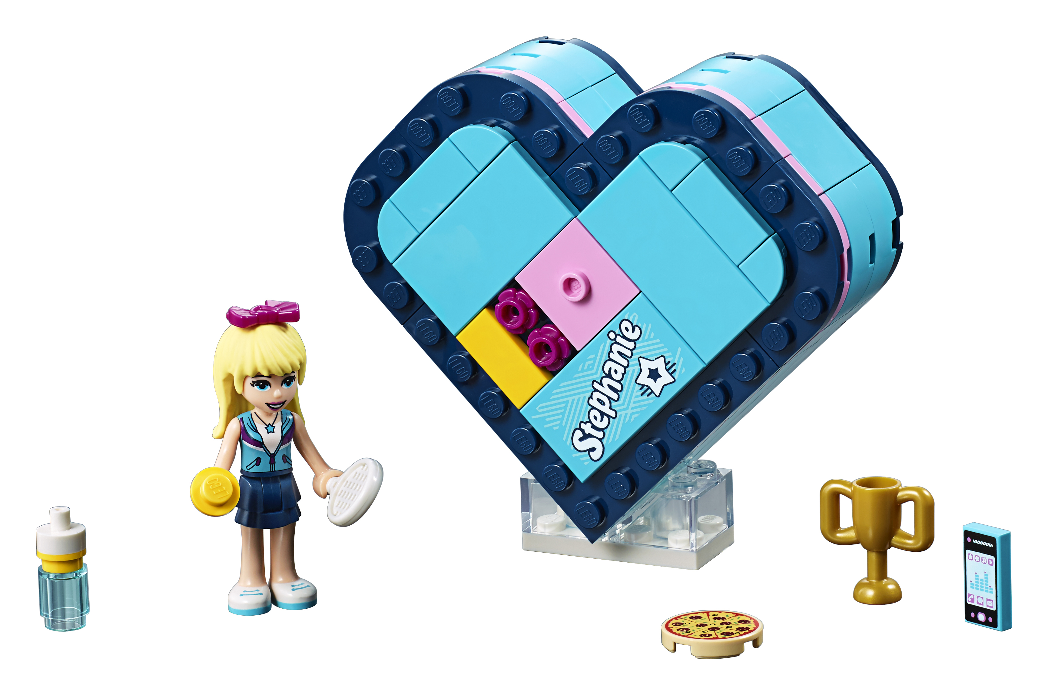 Lego Friends Set mit einer herzförmigen Box und einer Stephanie-Figur.