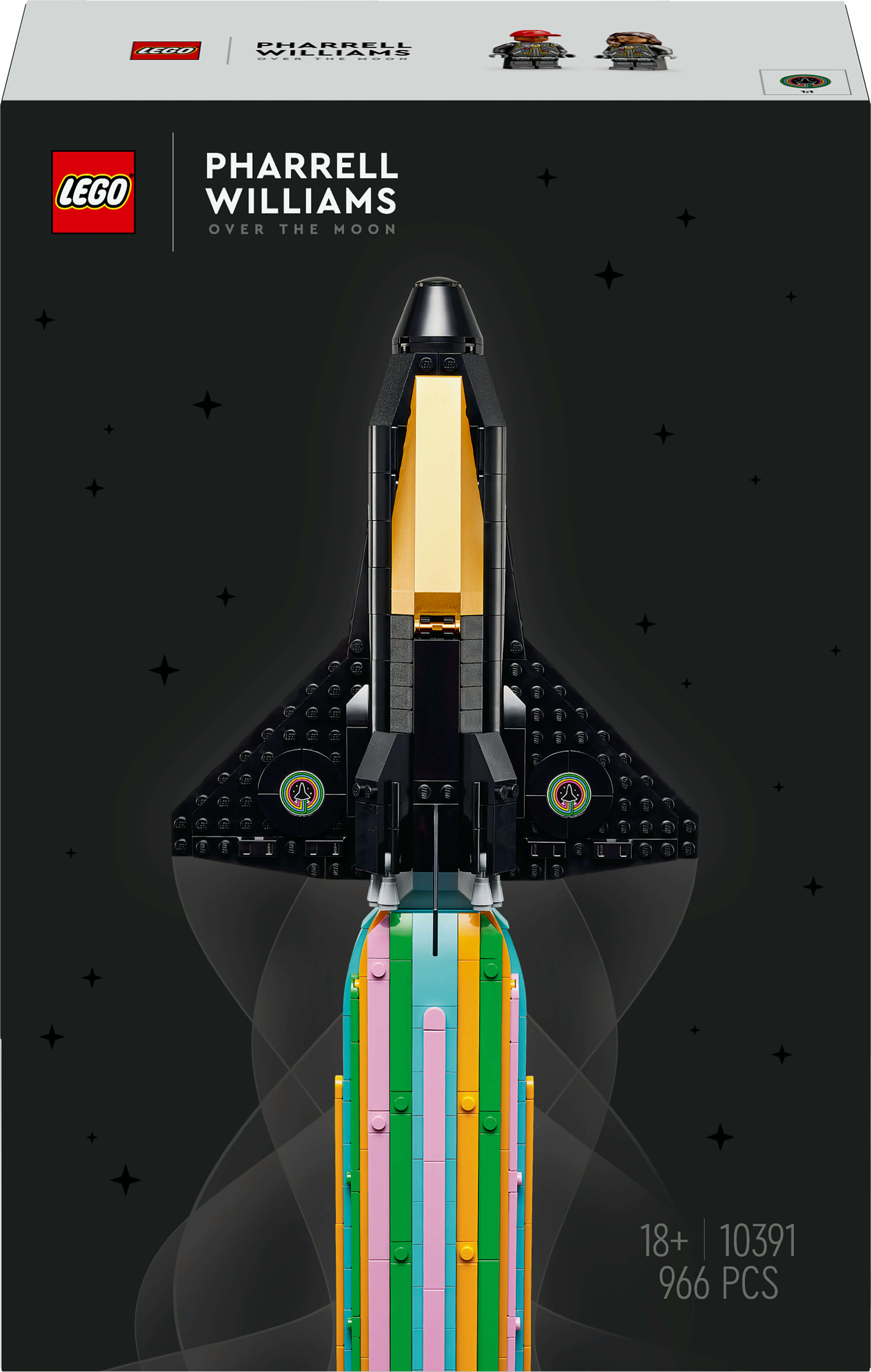 Pudełko Lego z czarną rakietą z kolorowymi paskami na dole.