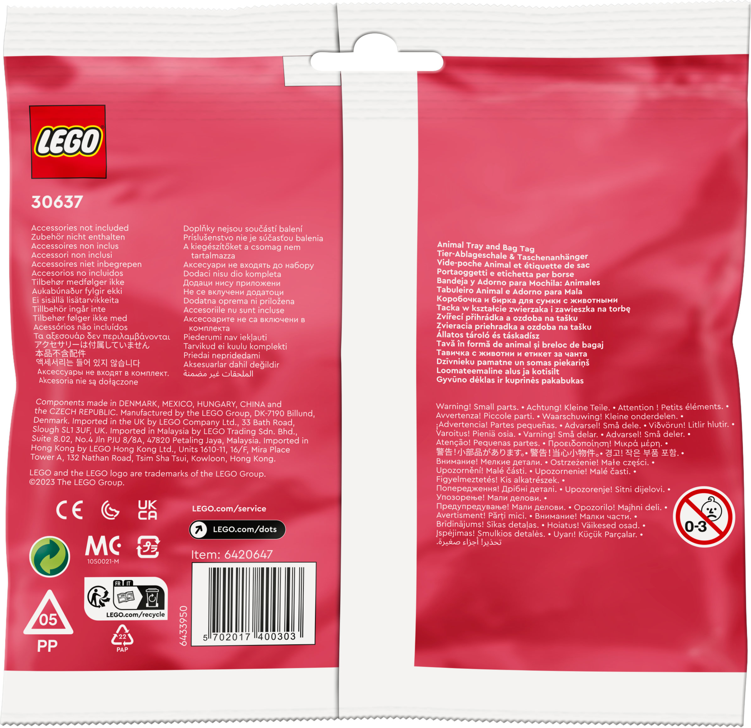 Ein Lego-Beutel mit Text in mehreren Sprachen, der das Logo und Informationen der Marke zeigt.