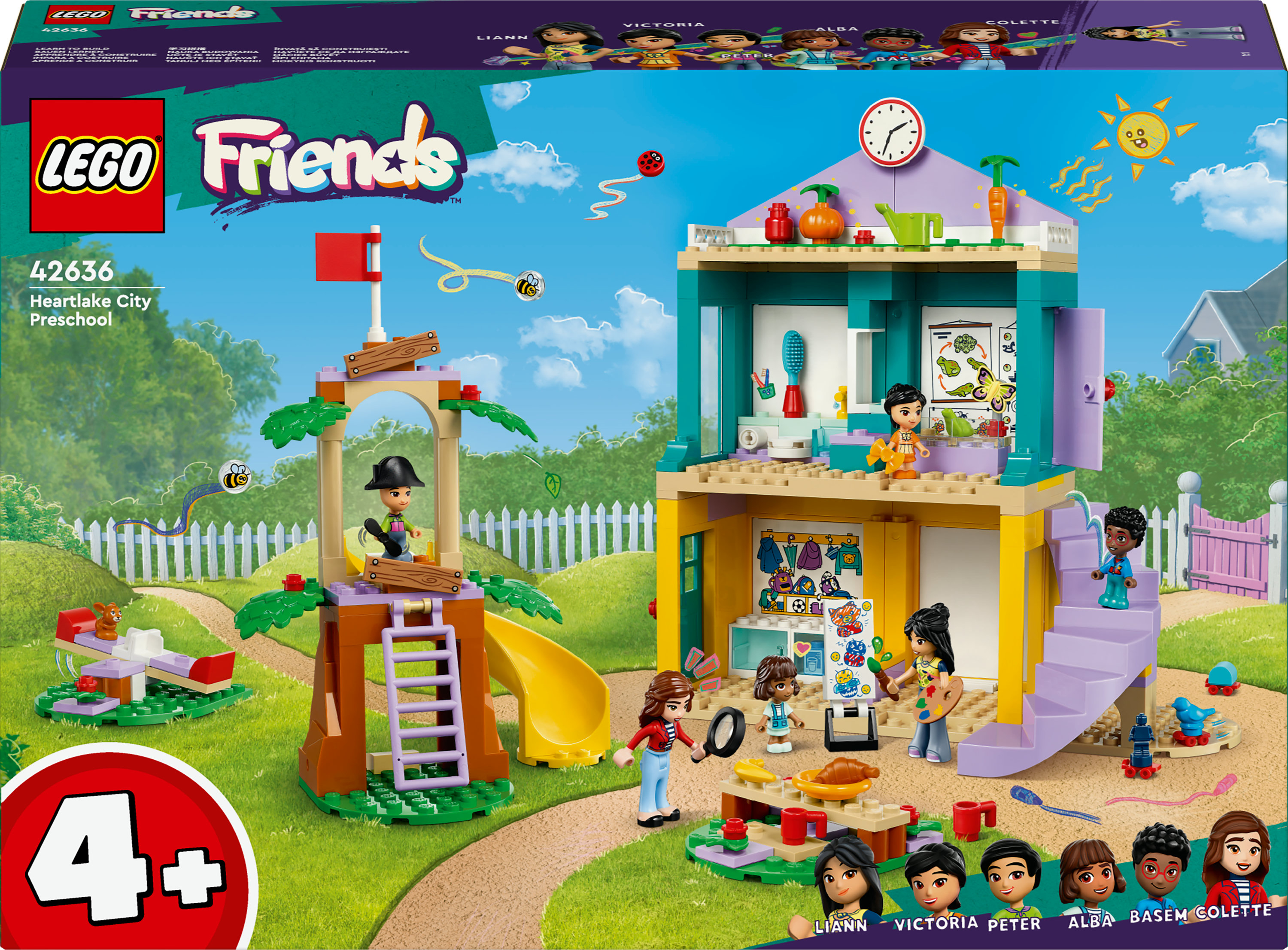 LEGO Friends Heartlake City Anaokulu seti. Renkli bina ve figürler sergileniyor.