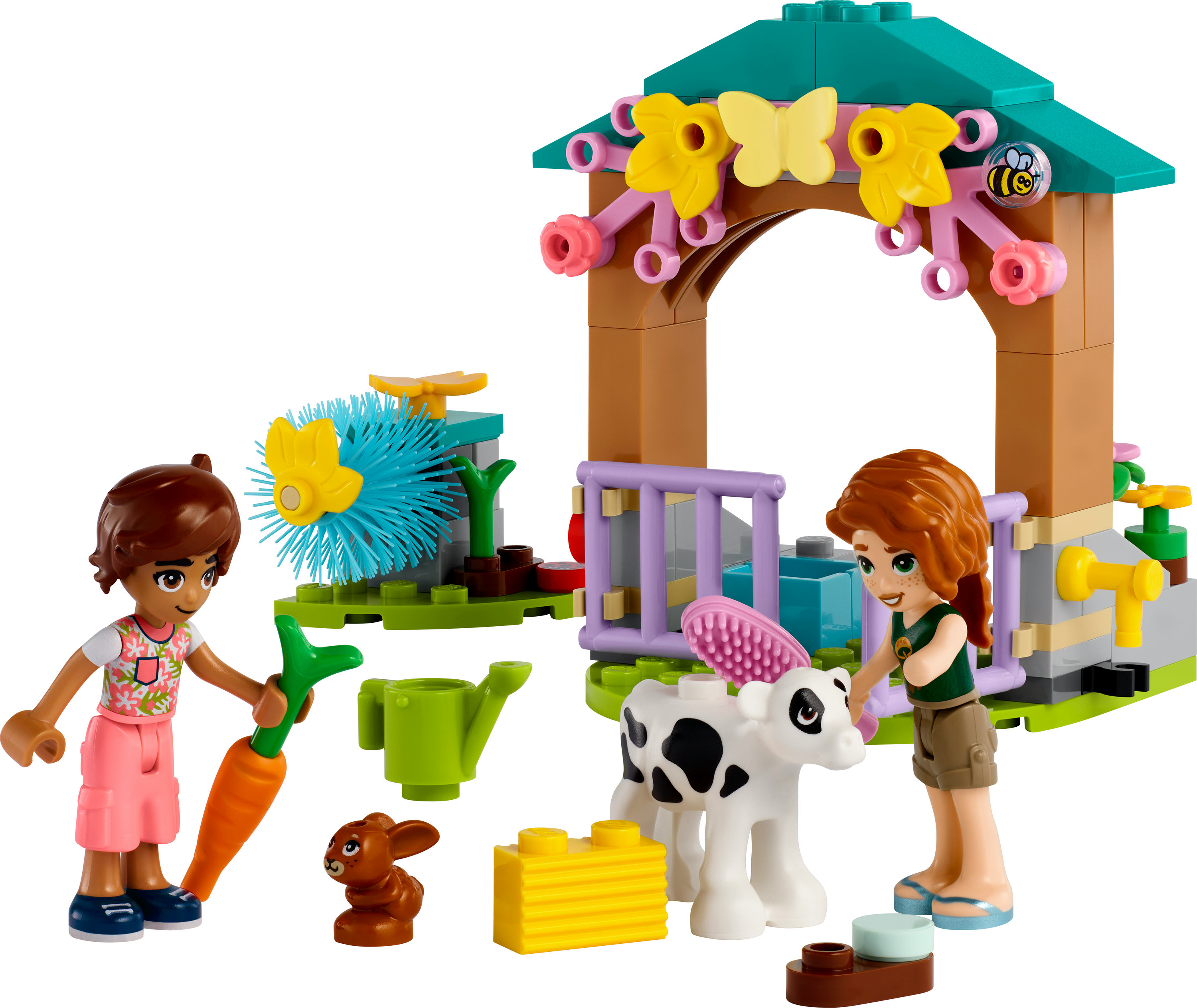 Zestaw LEGO Friends z figurkami, cielakiem i budynkiem farmy z bramą. Kolorowa scena na białym tle.