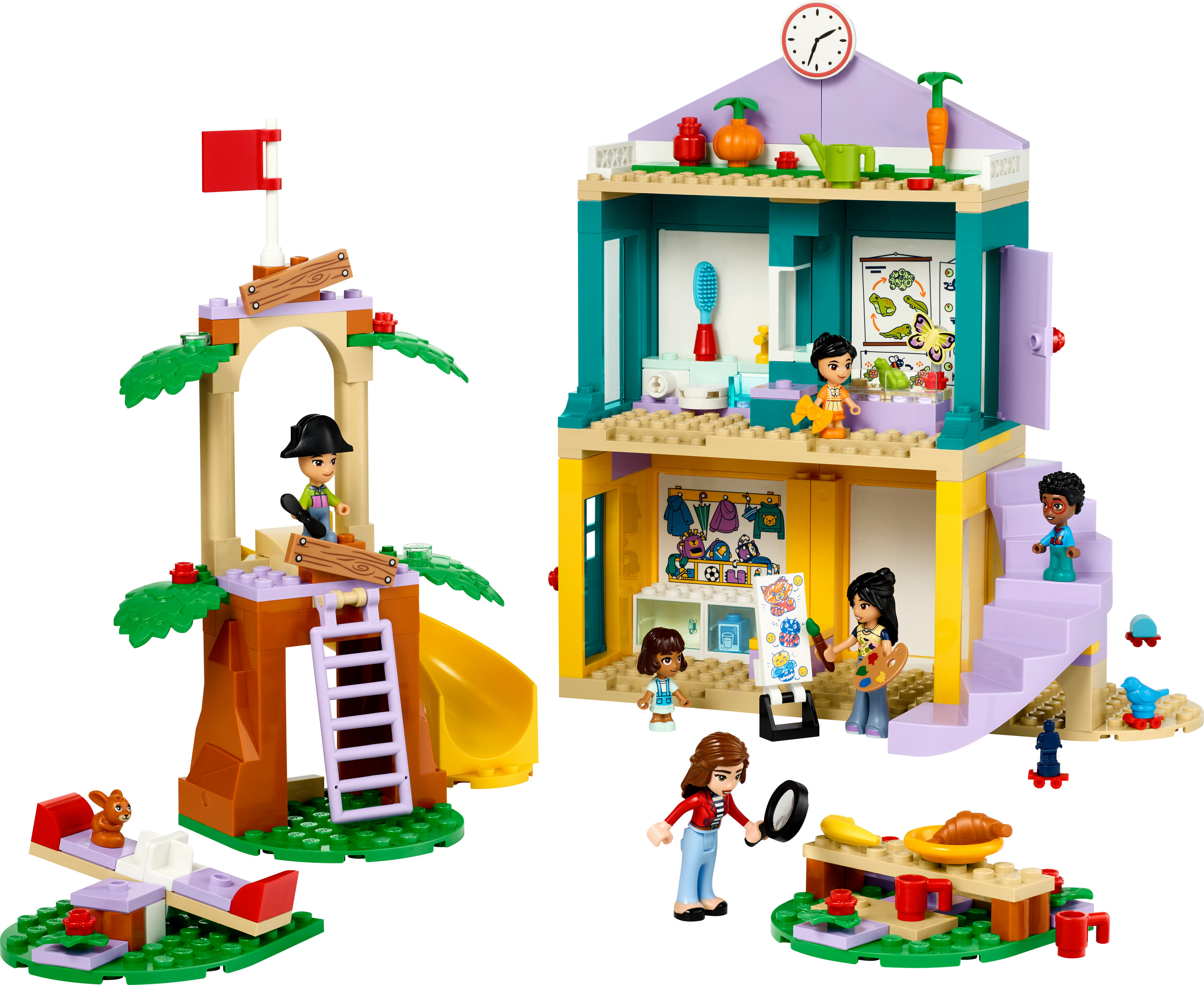 Oyun alanı, ev ve figürlerle Lego Friends seti. Parlak renkler ve detaylar.