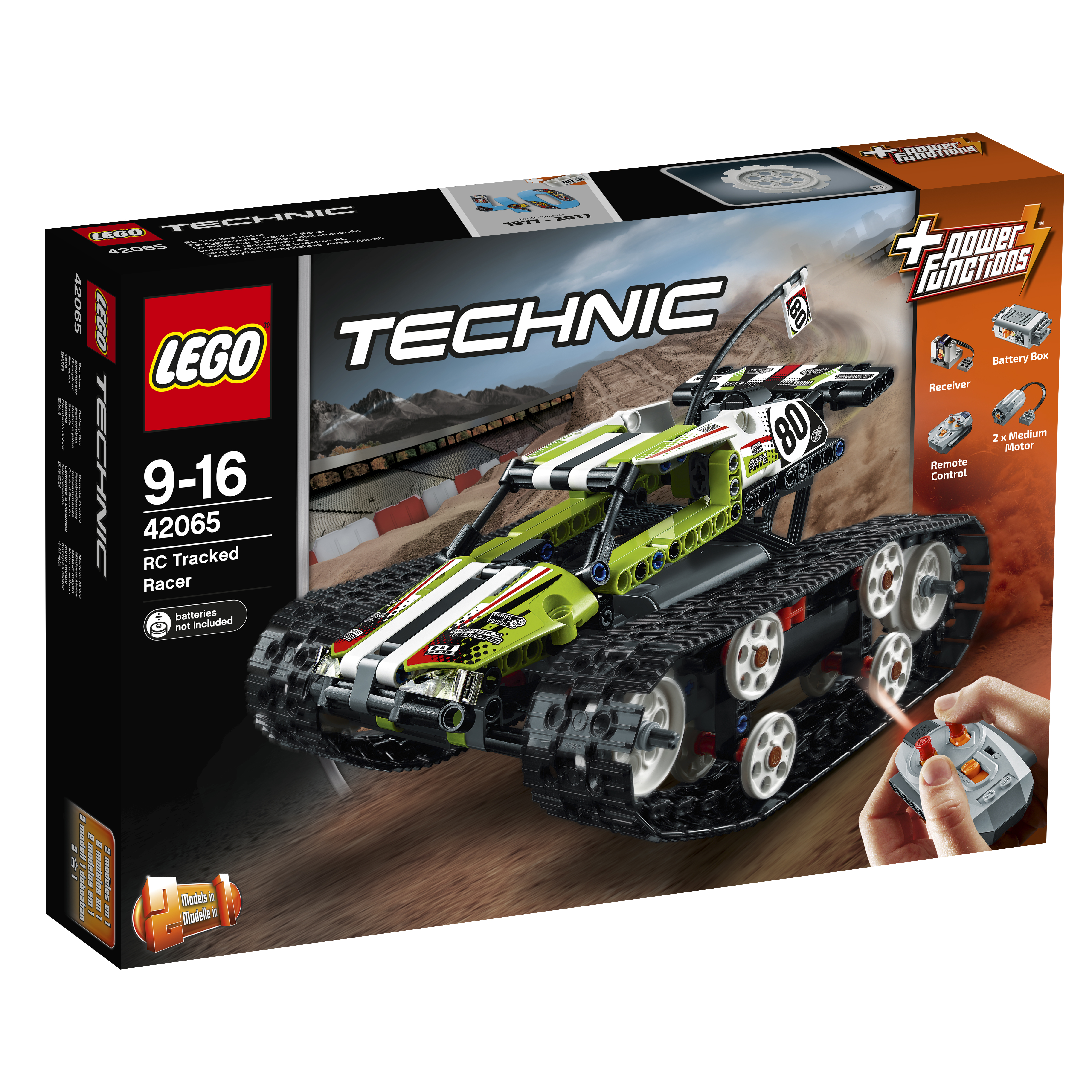 Zestaw LEGO Technic RC Tracked Racer z pudełkiem pokazującym samochód.