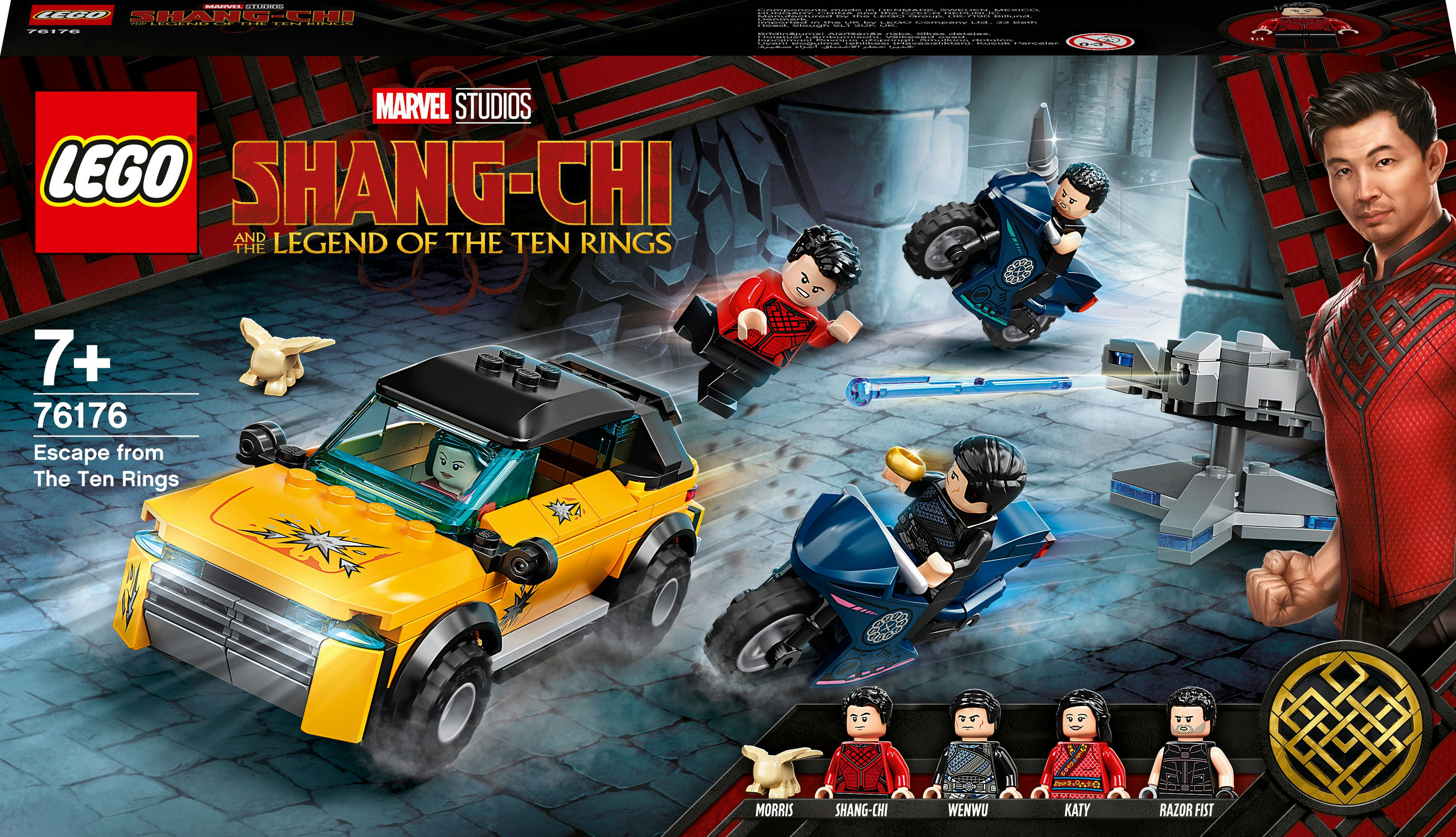 Zestaw LEGO z filmu Shang-Chi. Zawiera minifigurki, samochód i motocykle.