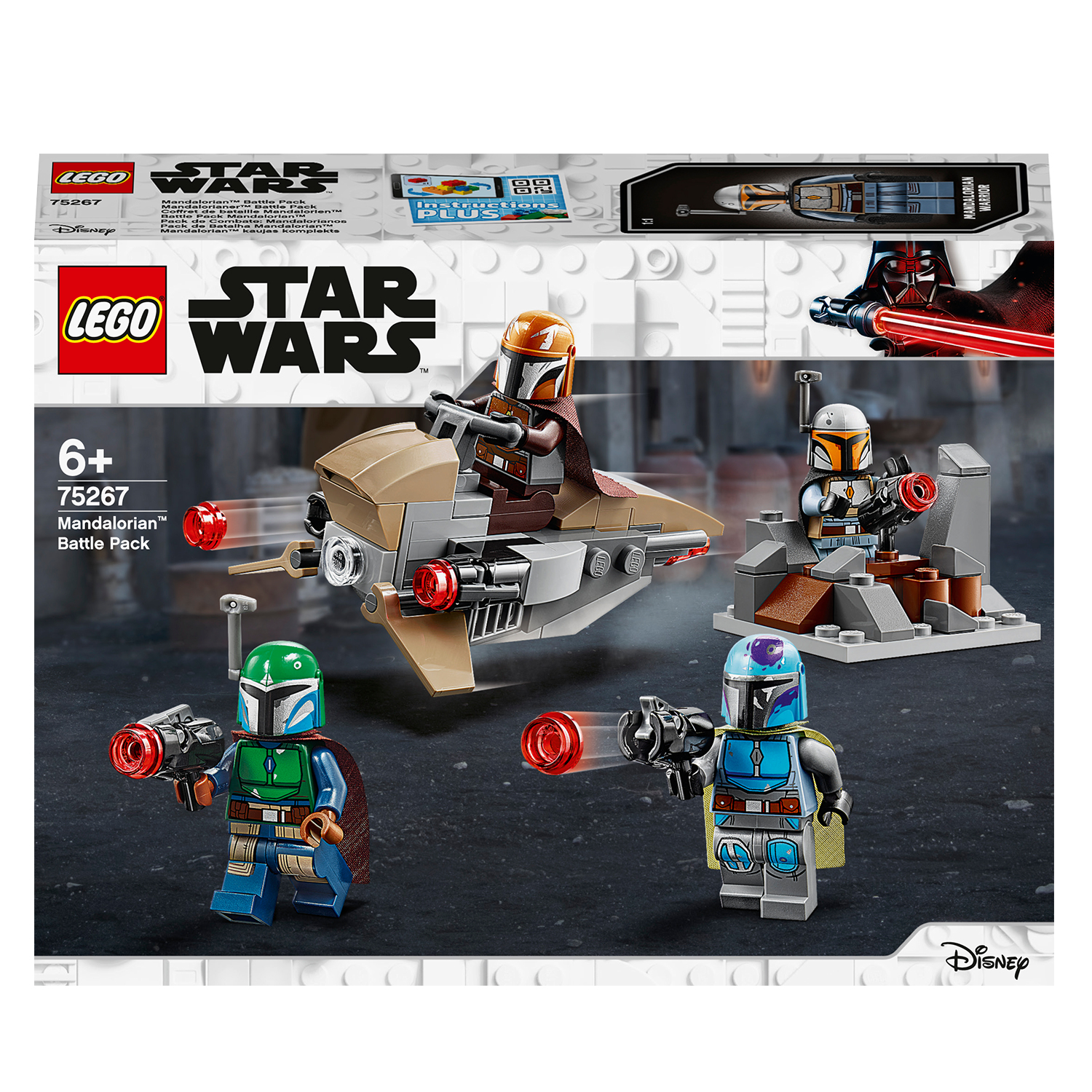 LEGO Star Wars Mandalorian Battle Pack. Quattro personaggi mandaloriani con armi, una moto speeder e una piccola struttura.