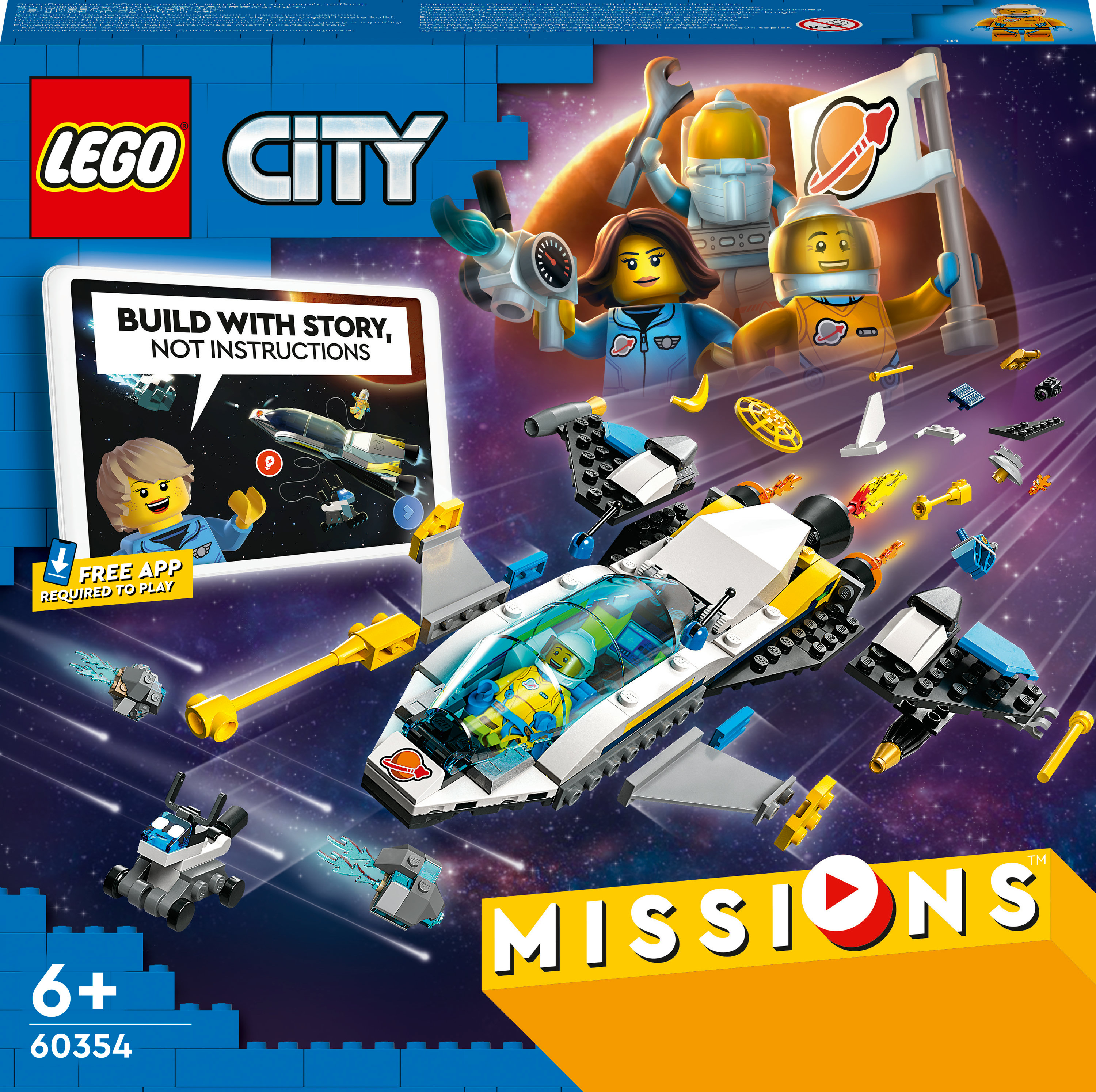 Eine LEGO City Missions Set-Box mit einem Raumschiff und Astronautenfiguren. Es ist ein Bauspielzeug für Kinder.