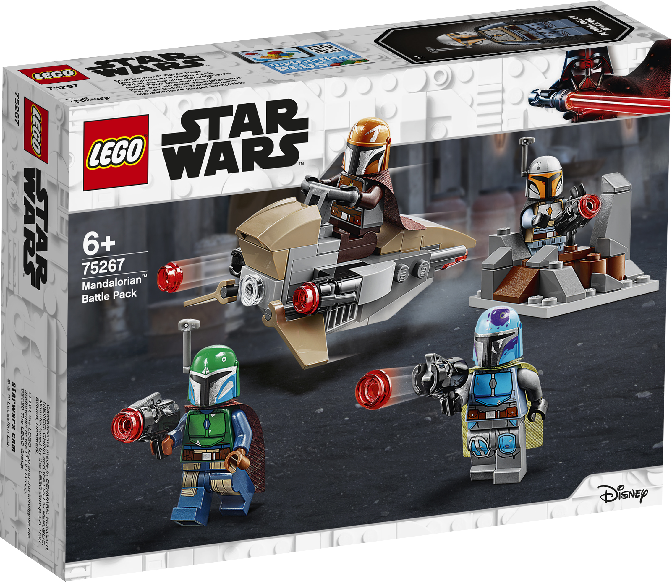 LEGO Star Wars Mandalorian Battle Pack. Quattro minifigure e uno speeder sulla scatola.