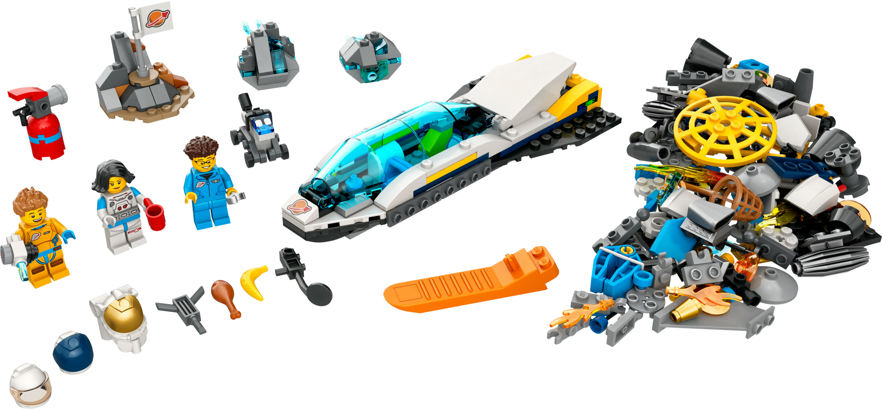Lego-Set mit Raumschiff, Astronauten, kleiner Basis und mehreren Bauteilen.