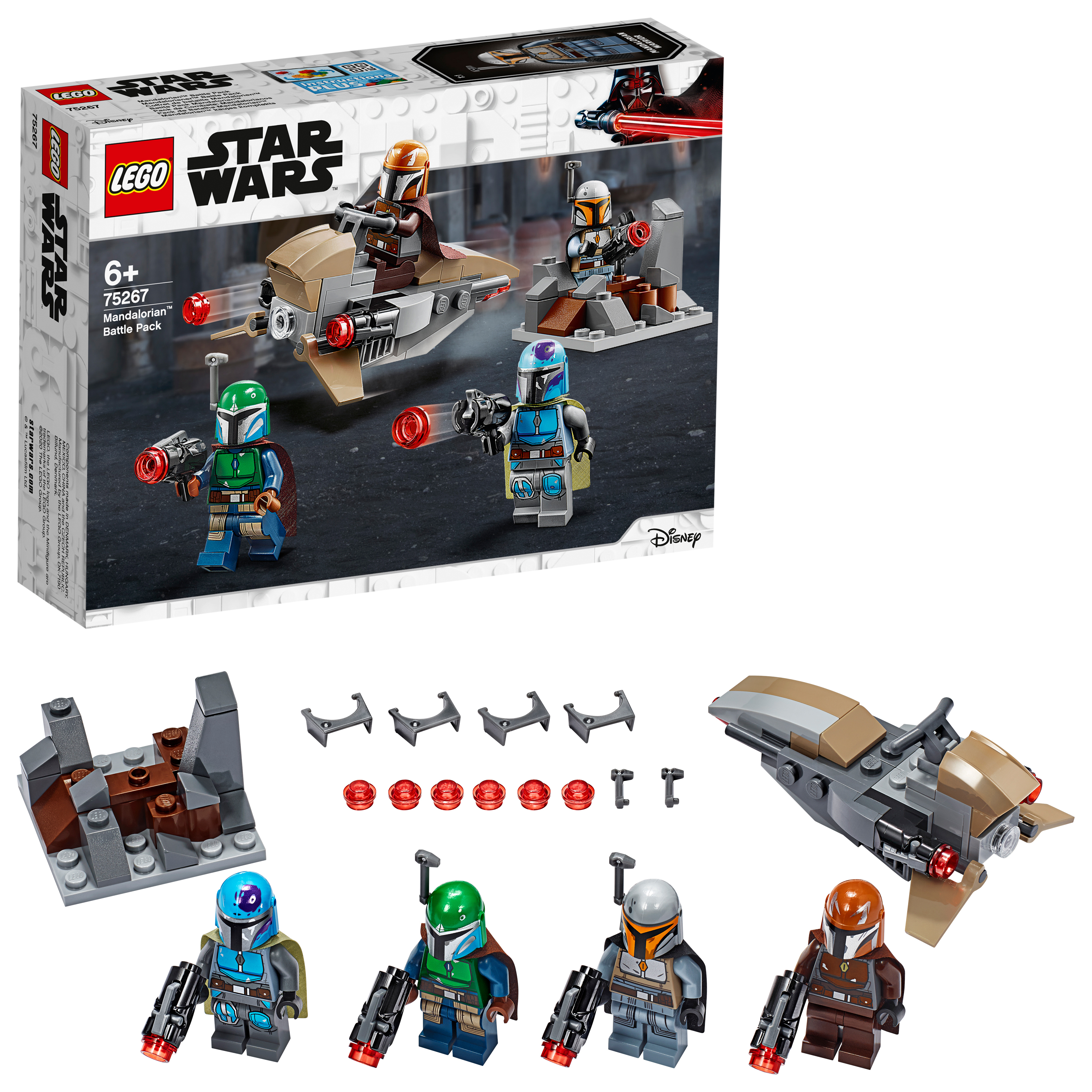 Un set LEGO Star Wars con personaggi e navi Mandaloriani, con una scatola in alto.