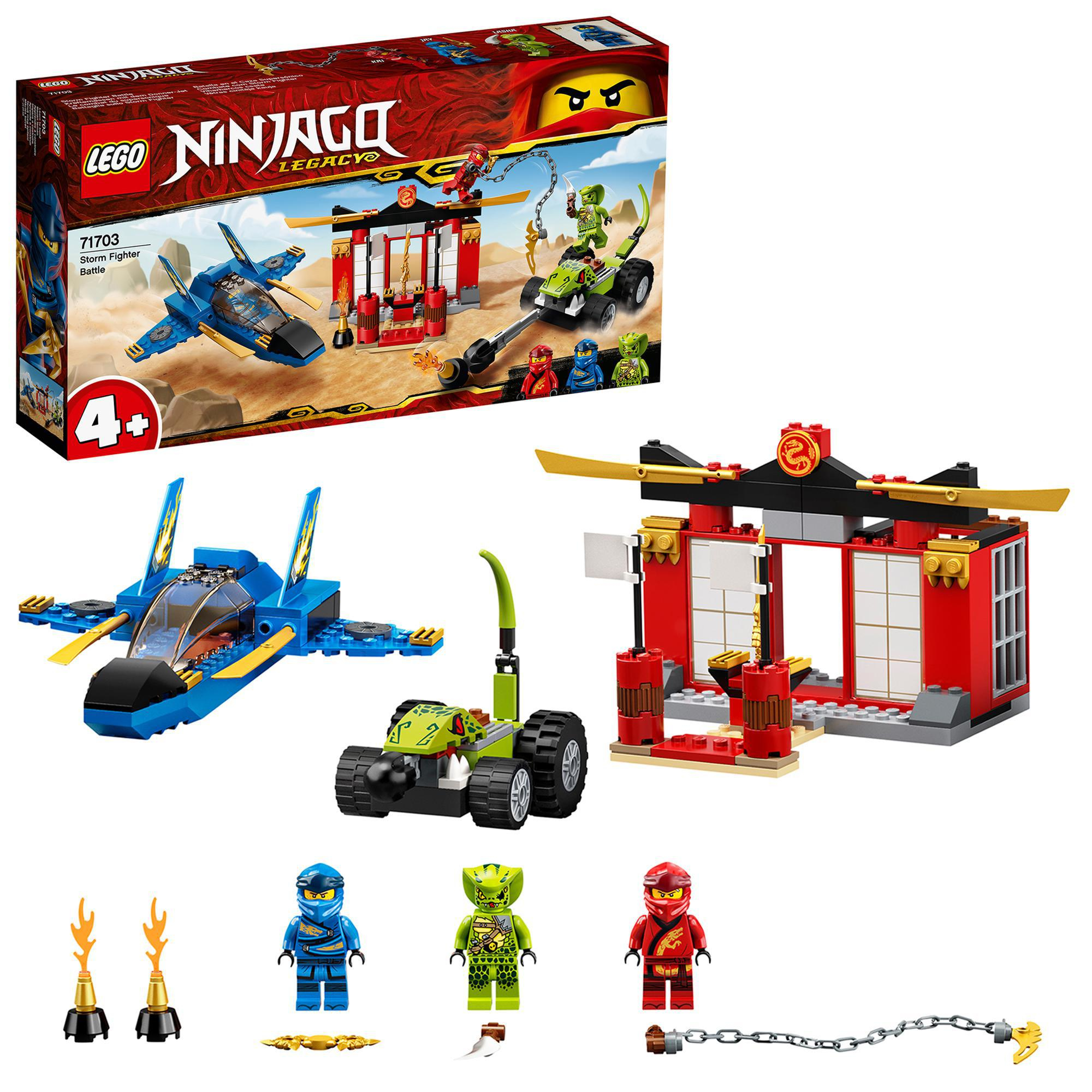Lego Ninjago Set mit einem Jet, einem Auto und einem Tempel, mit Lego Figuren und Waffen.