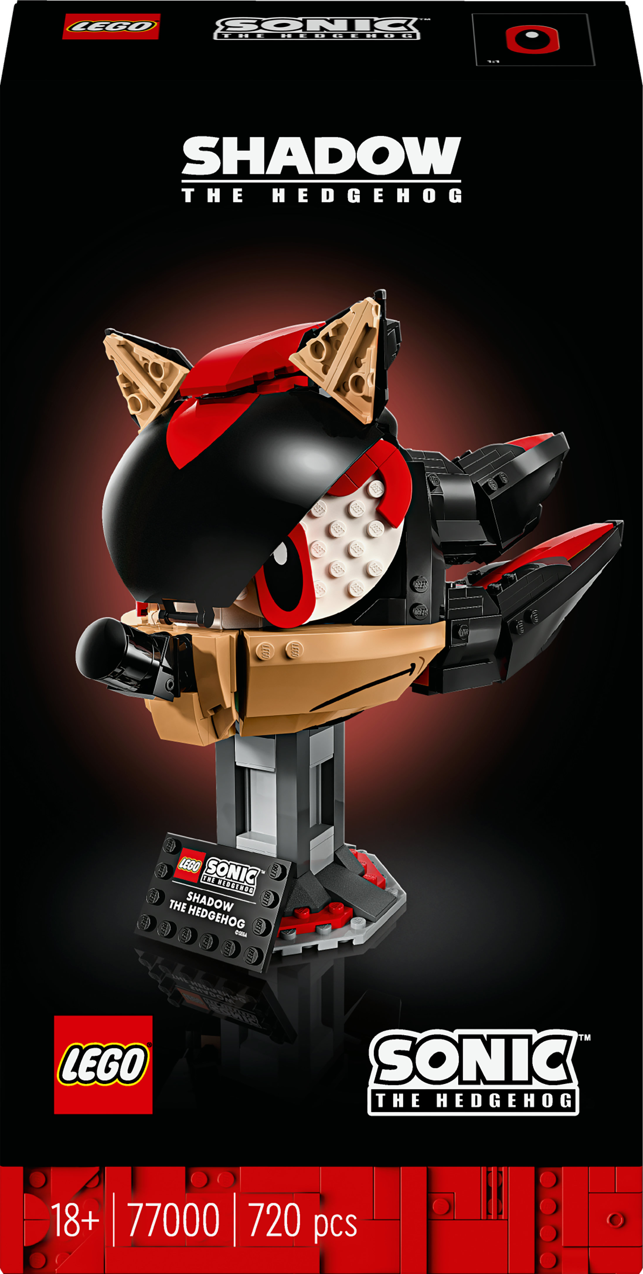 Shadow the Hedgehog'un Lego kutusu. Lego, siyah, kırmızı ve ten rengi bir renk düzeninde Shadow'un bir büstüdür.