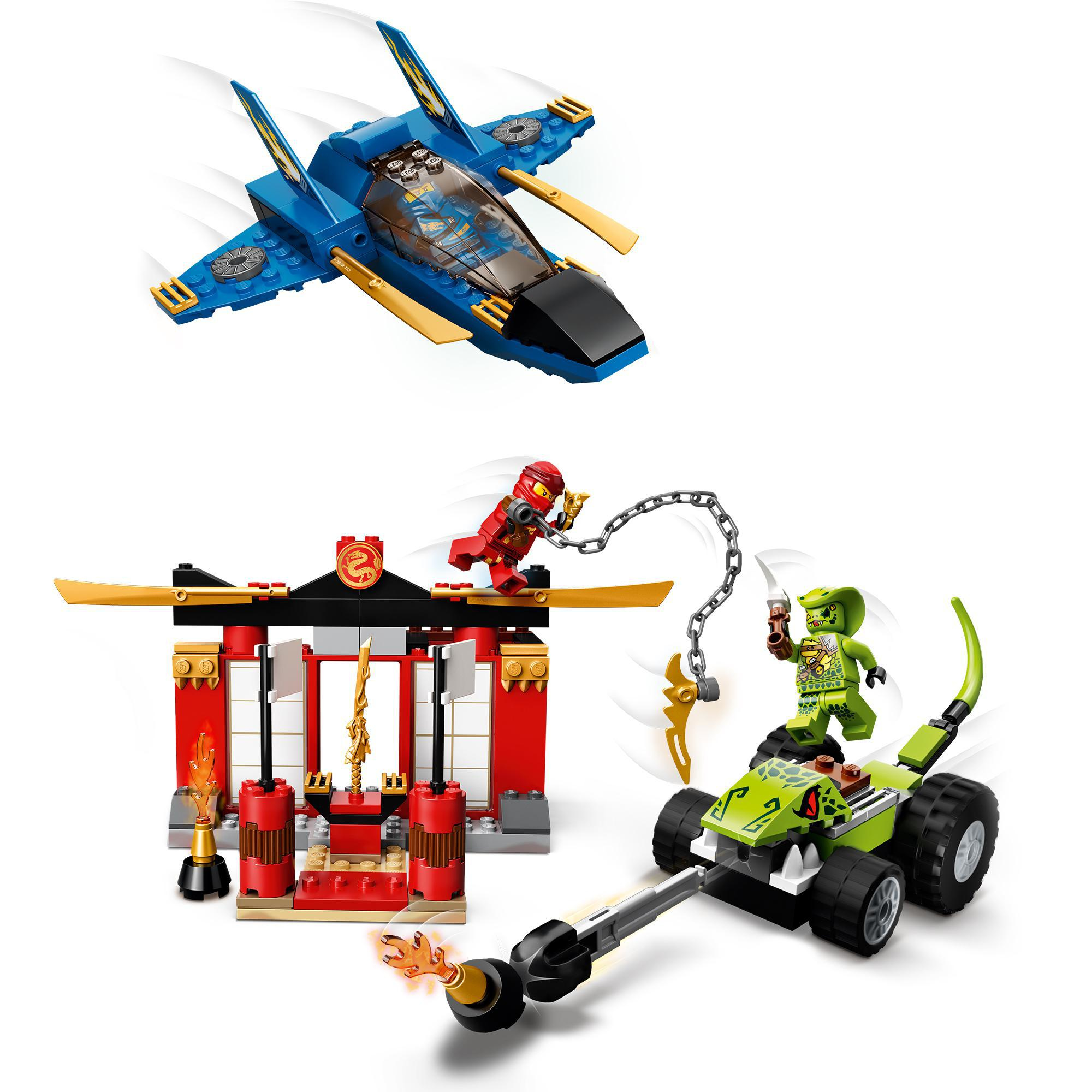 Lego Ninjago Set mit Ninja-Figuren, einem Jet, einem Fahrzeug und einem Tempel mit Feuerelementen.