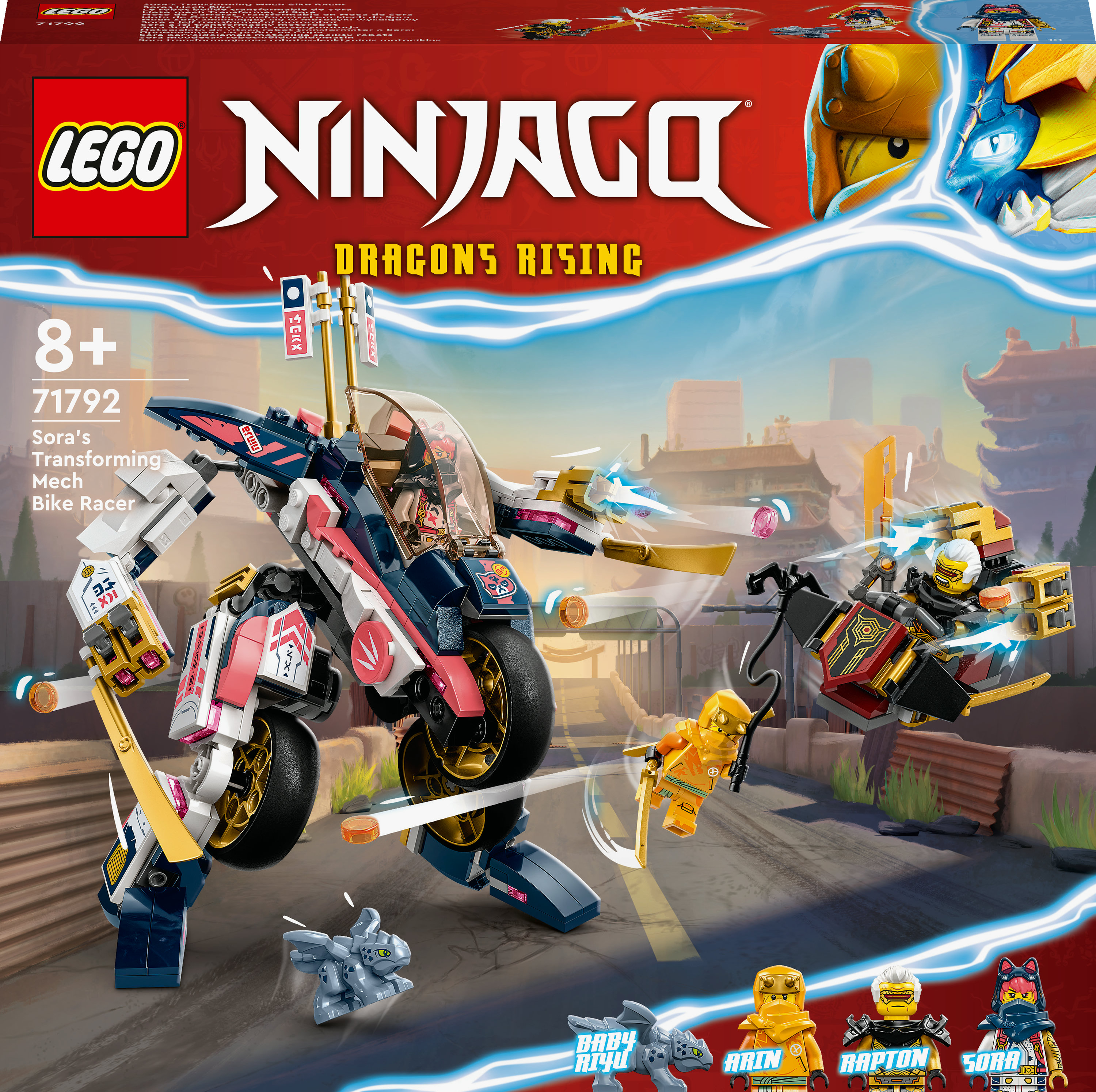 Set Lego Ninjago. Un pilota di mech e minifigure sono presenti. La scatola è esposta.