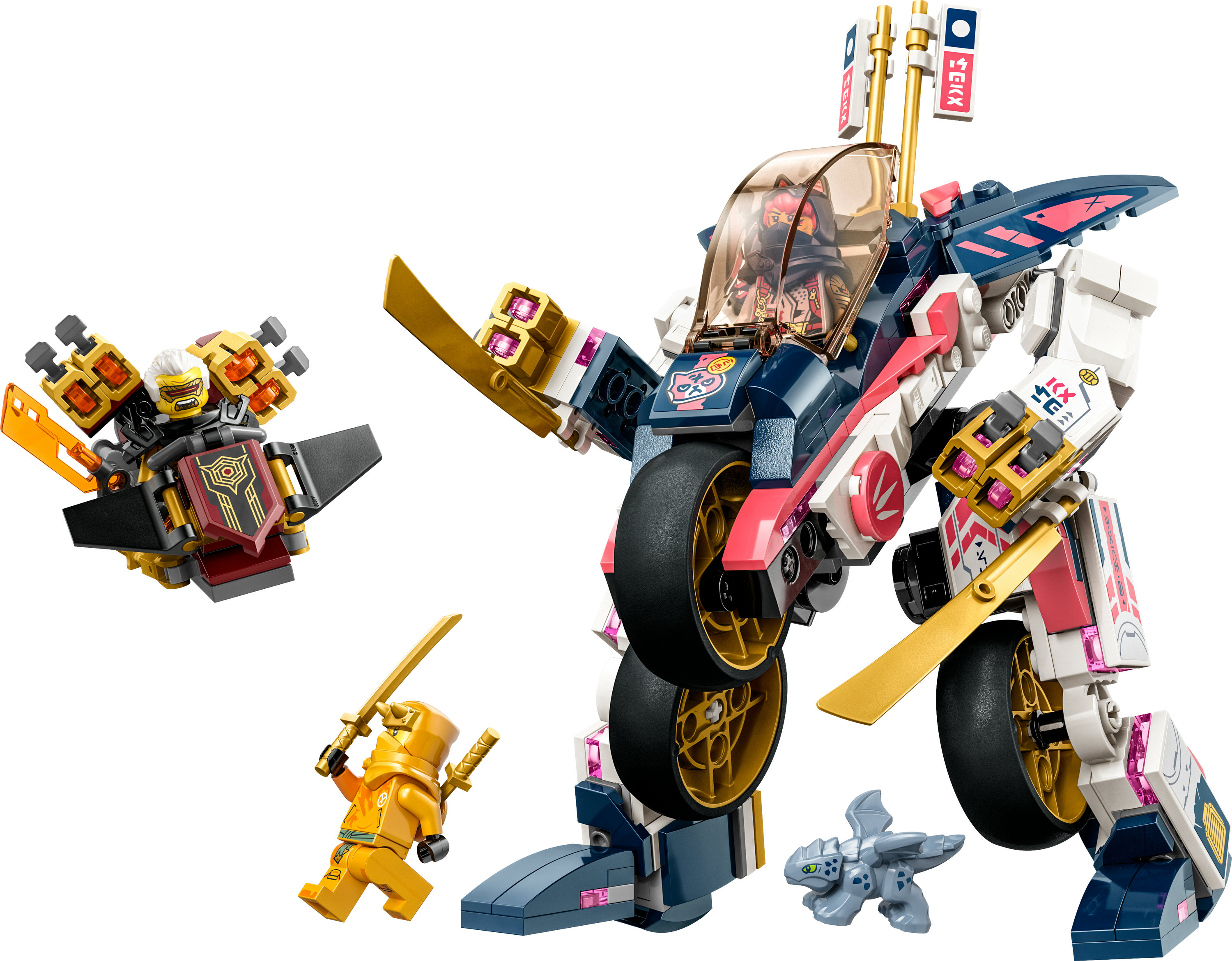 Set Lego Ninjago con un mech, un jet e minifigure ninja.