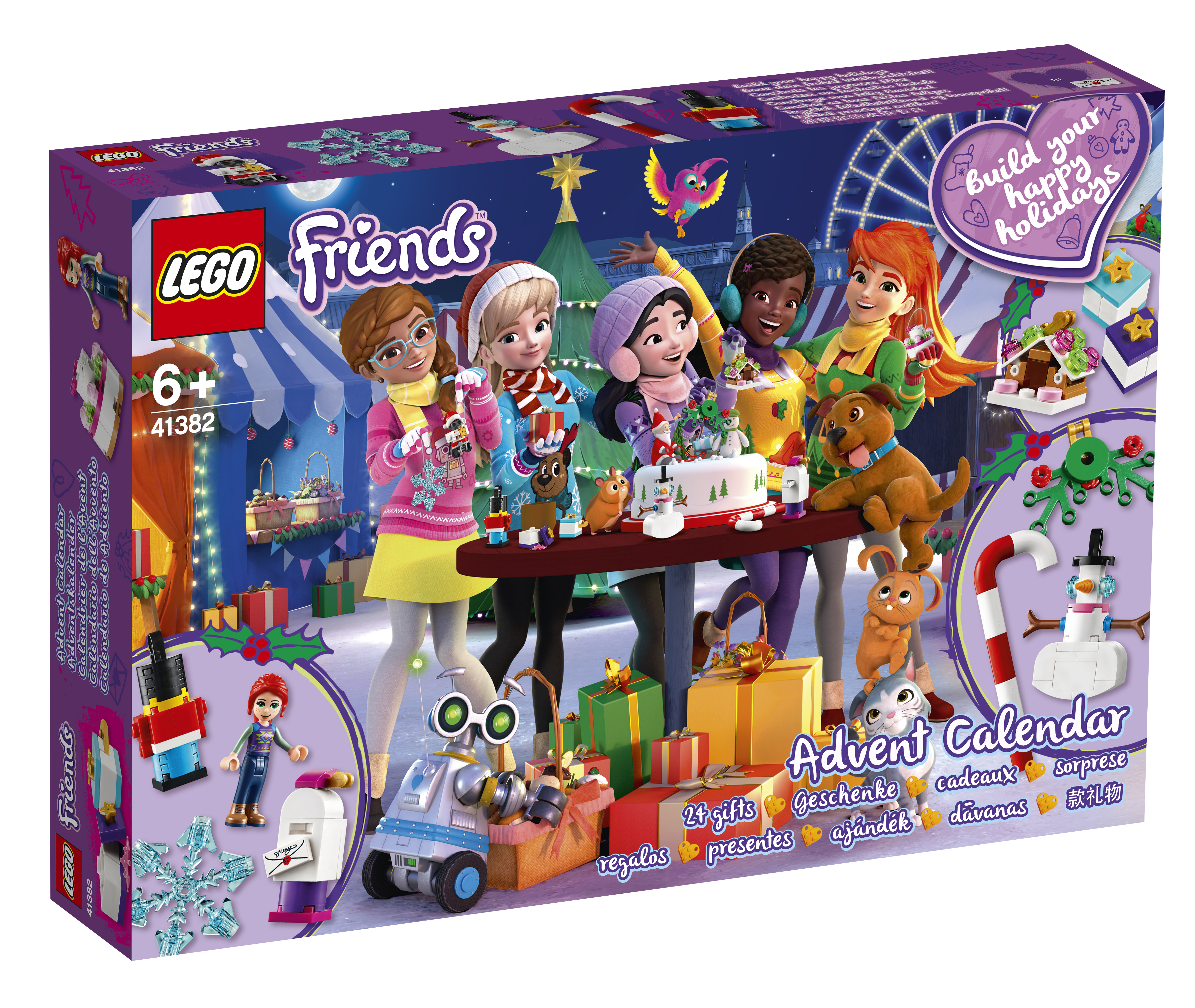 LEGO Friends Adventskalender-Box mit Figuren und einem Schneemann. Geschenke und ein Riesenrad.