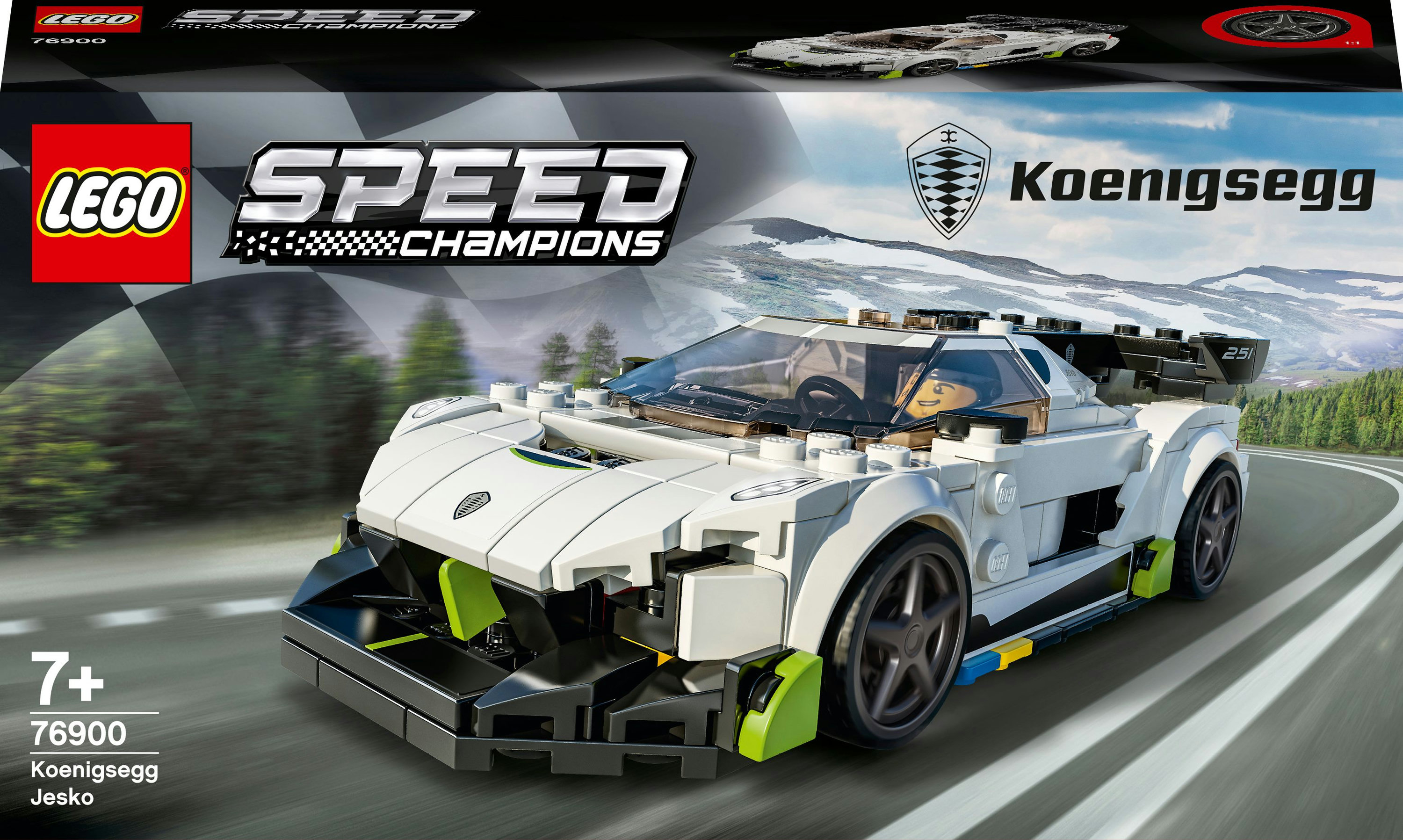 Weißes Lego Koenigsegg Automodell. Grüne Akzente, schwarze Räder und eine Fahrerfigur. Set-Box im Hintergrund.