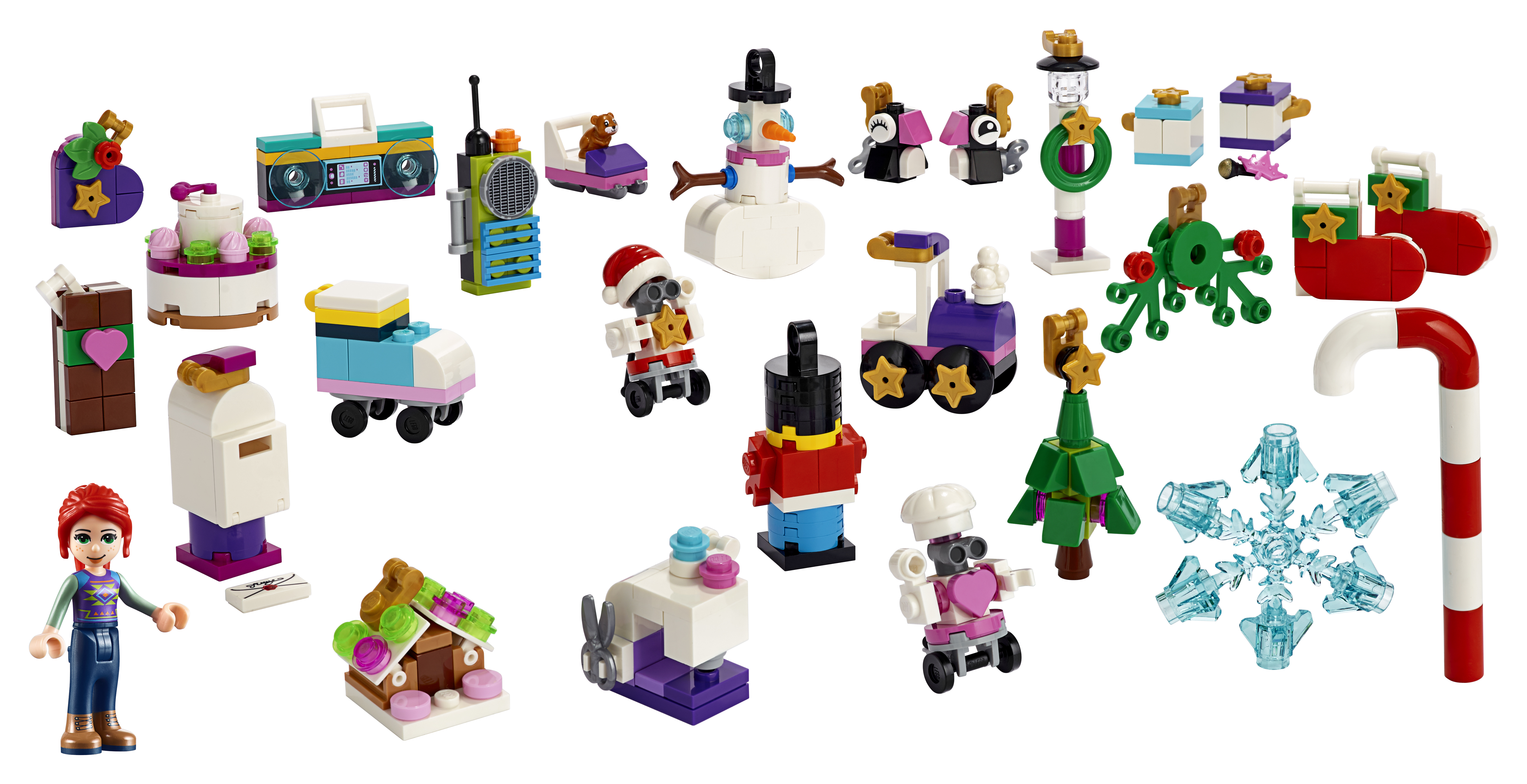 Sortiment an Lego Friends Mini-Bauten, darunter ein Schneemann und ein Weihnachtsbaum.