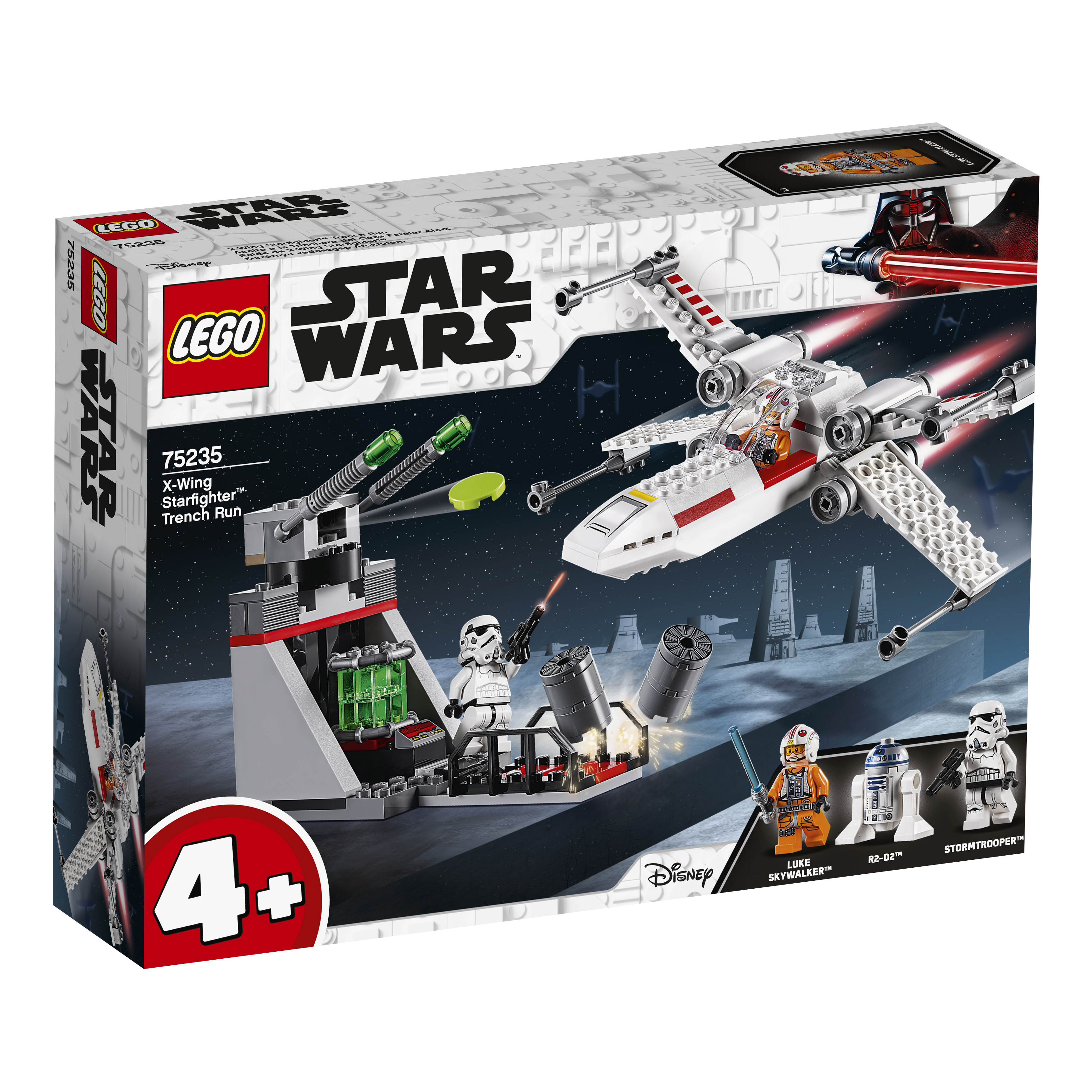 LEGO Star Wars Set-Box mit einem X-Wing-Jäger, einer Basis und Figuren von Luke, R2-D2 und Stormtrooper.