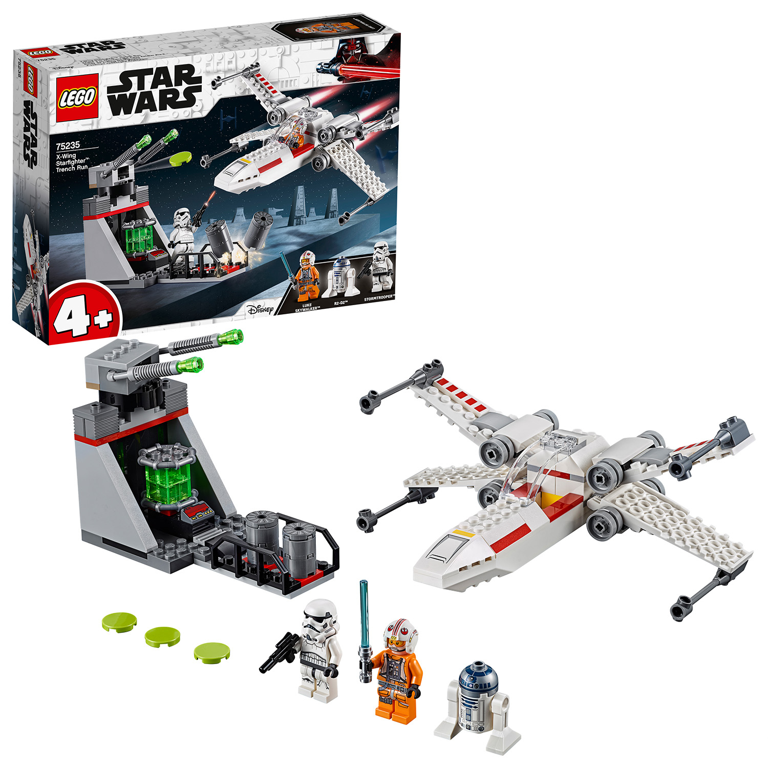 Lego Star Wars Set. Enthält einen X-Wing-Jäger, Figuren und eine Basisszene. Die Box ist sichtbar.