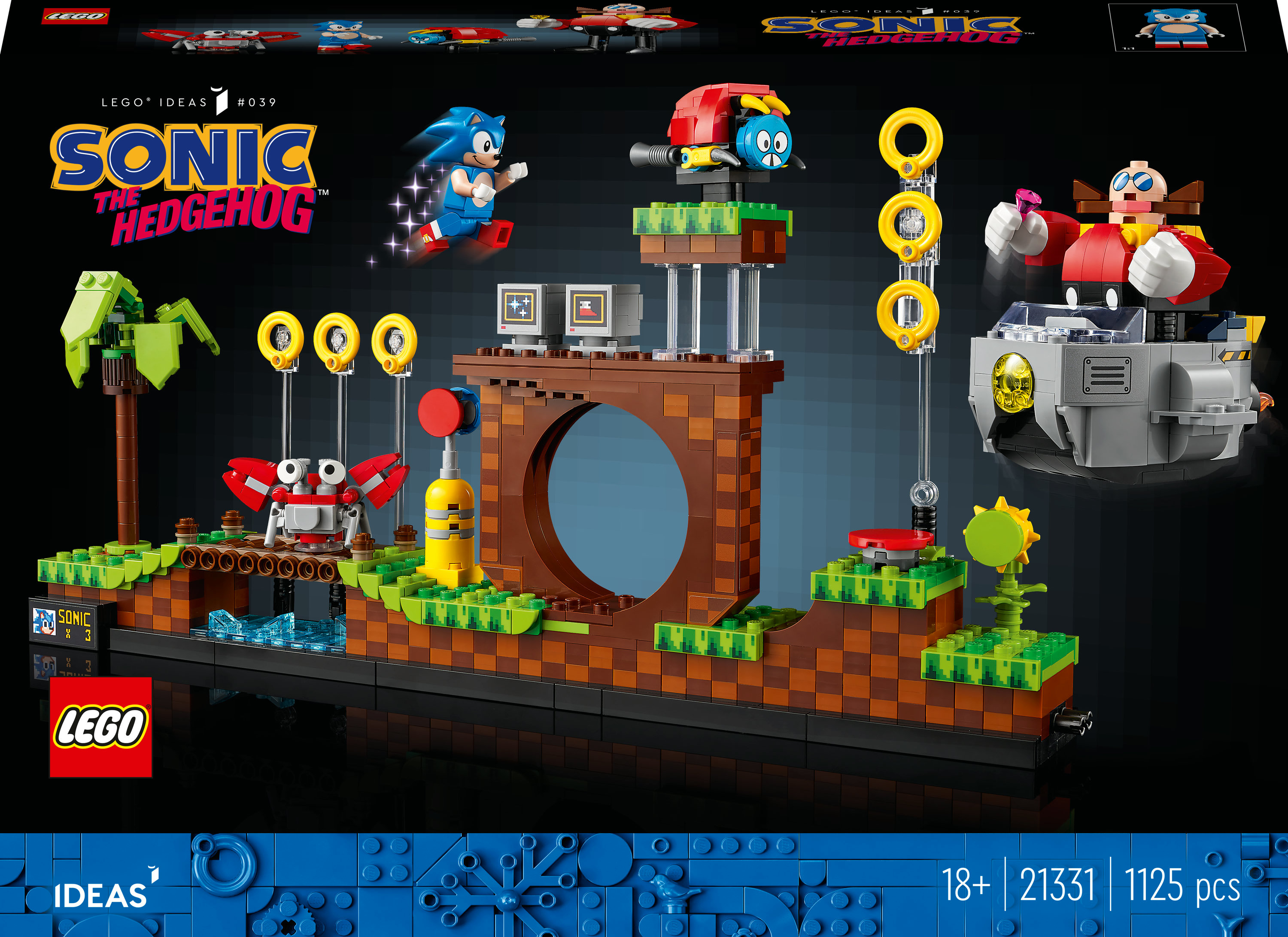 Zestaw LEGO Sonic the Hedgehog z figurkami i elementami poziomu, na czarnym tle.