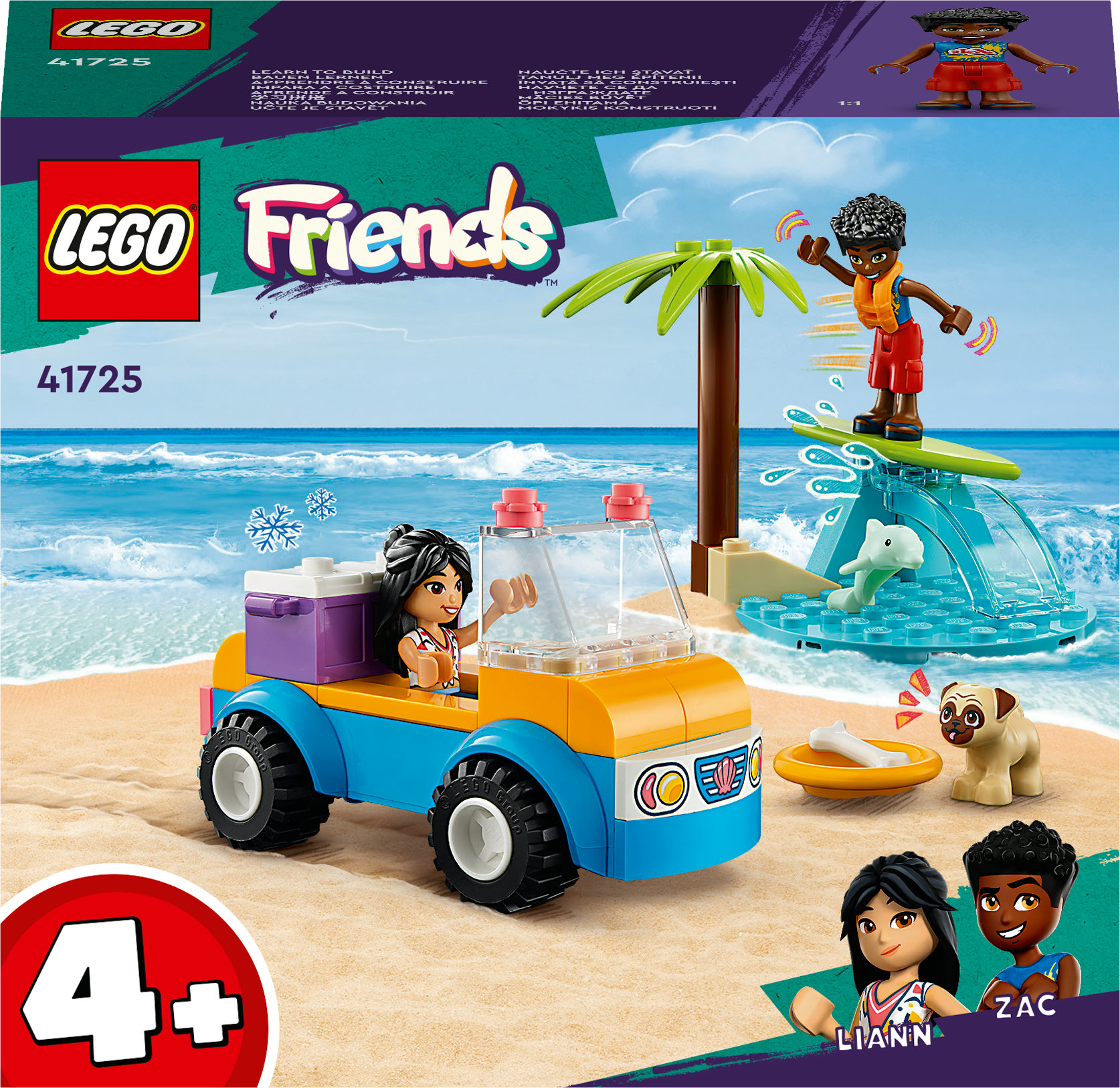 Lego Friends set box art met een strandscène met een auto, figuren en een hond.