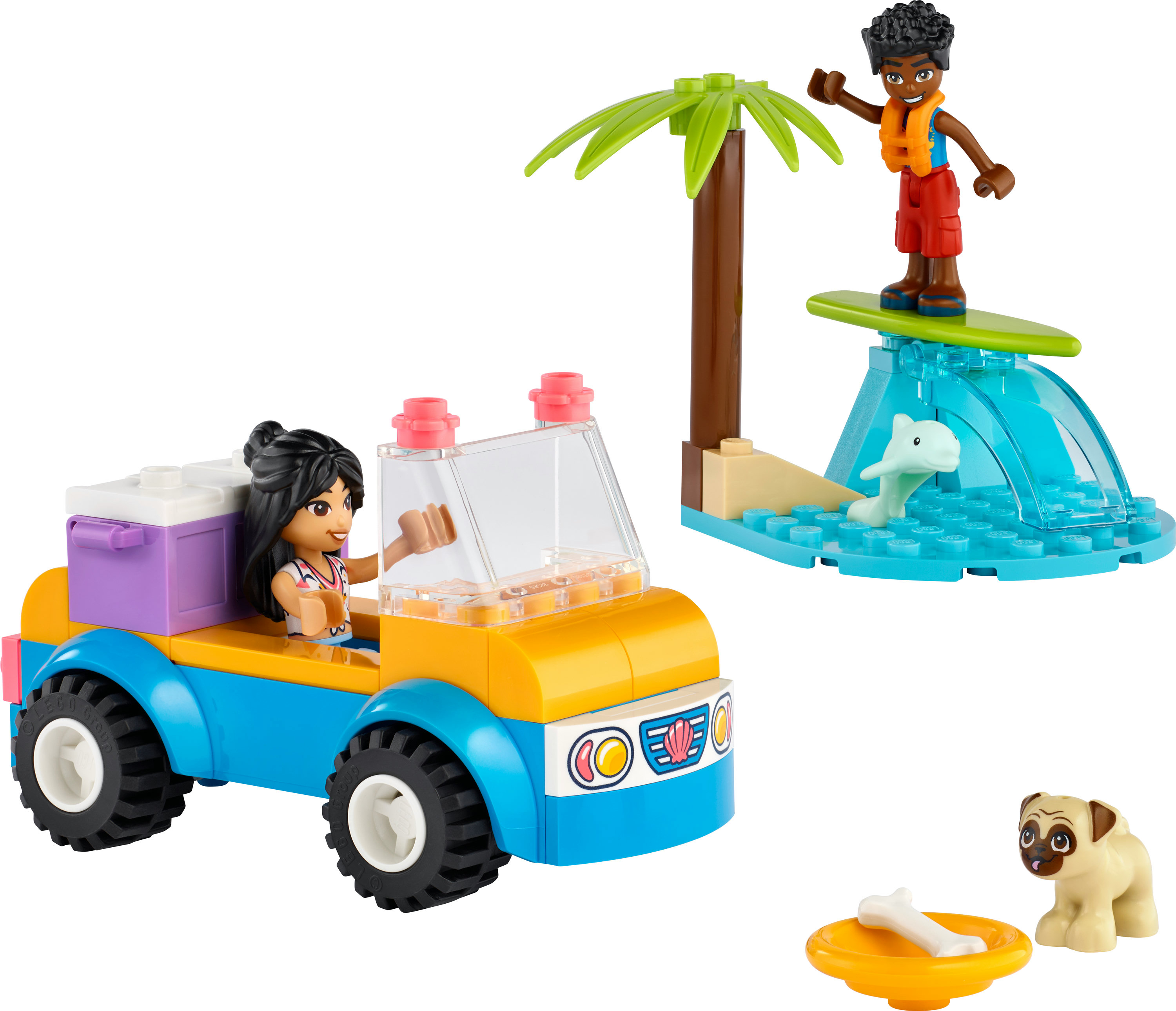 Een LEGO Friends-set met een auto, een surfer, een hond en een strandscène met een palmboom.