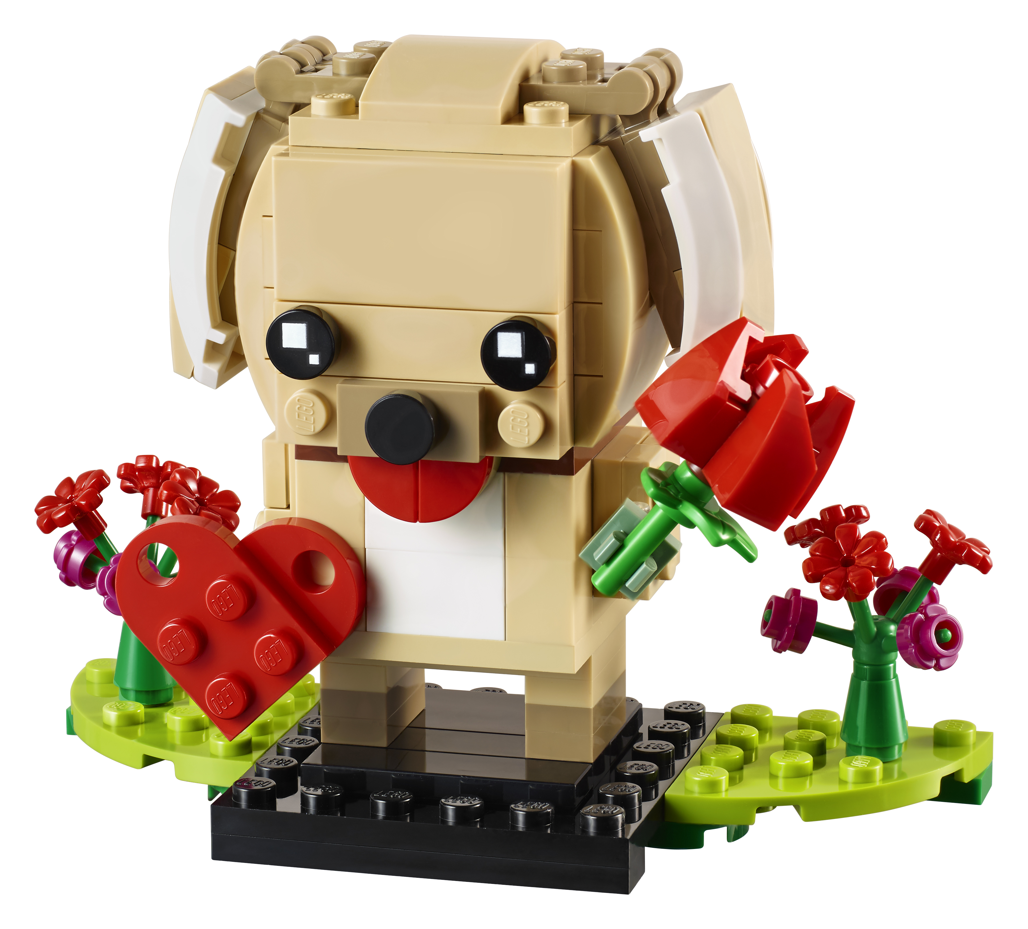 Ein Lego-Modell eines Hundes, der ein rotes Herz und eine Rose hält. Der Hund ist von Blumen umgeben.