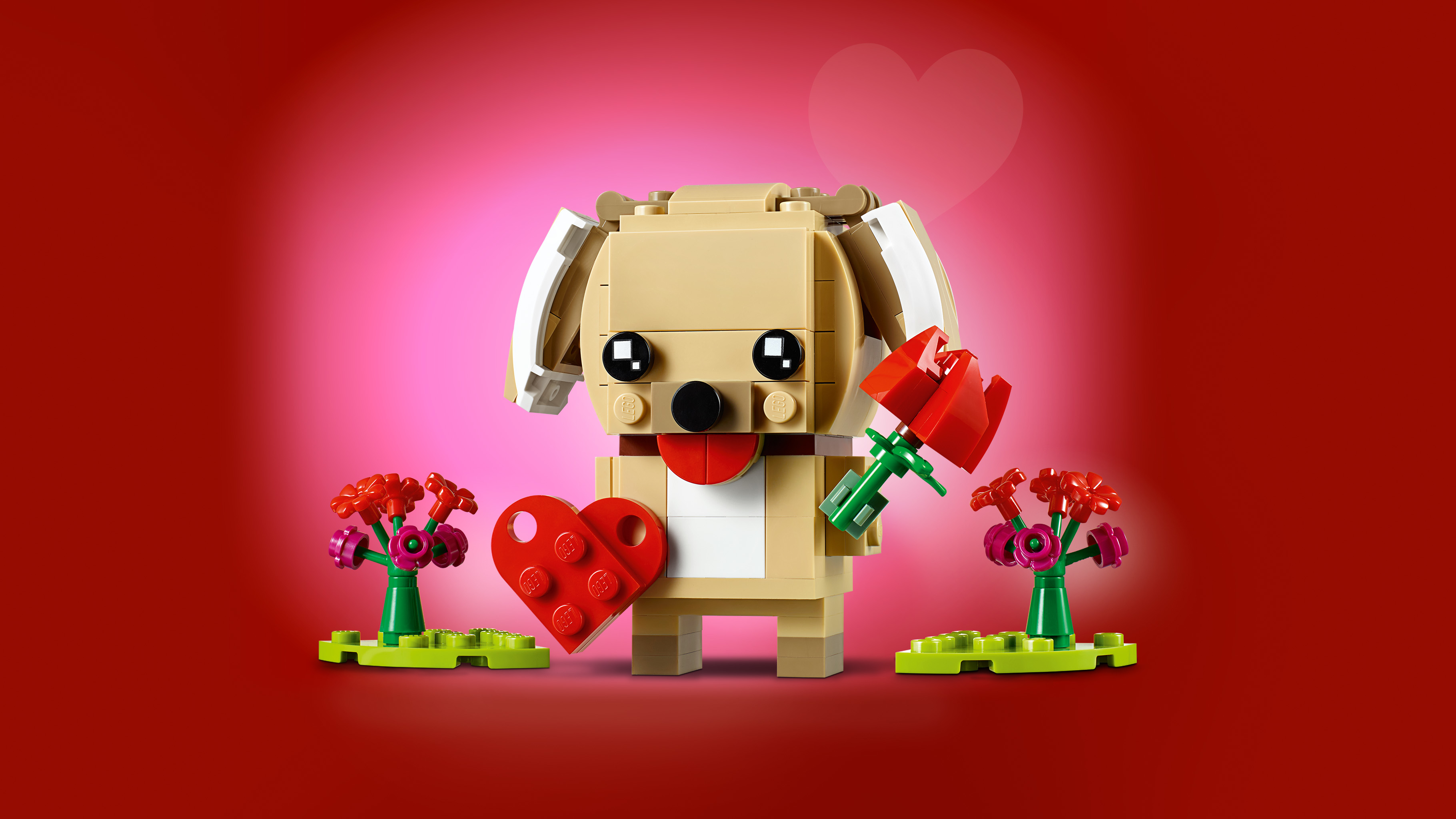 Lego-Hund hält Herz, Rosen und grüne Lego-Basen, roter Hintergrund.