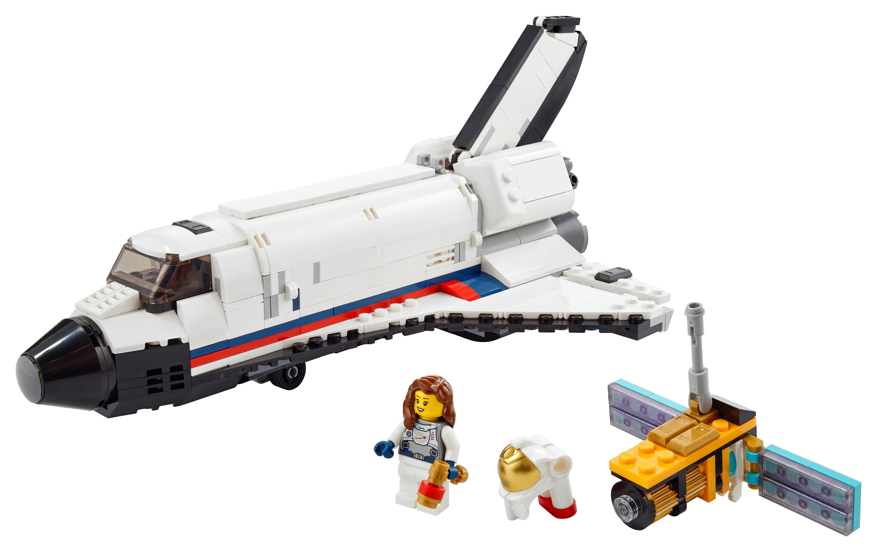 Ein Lego-Space-Shuttle mit einer Astronauten-Minifigur und einem Satelliten, alles auf weißem Hintergrund.
