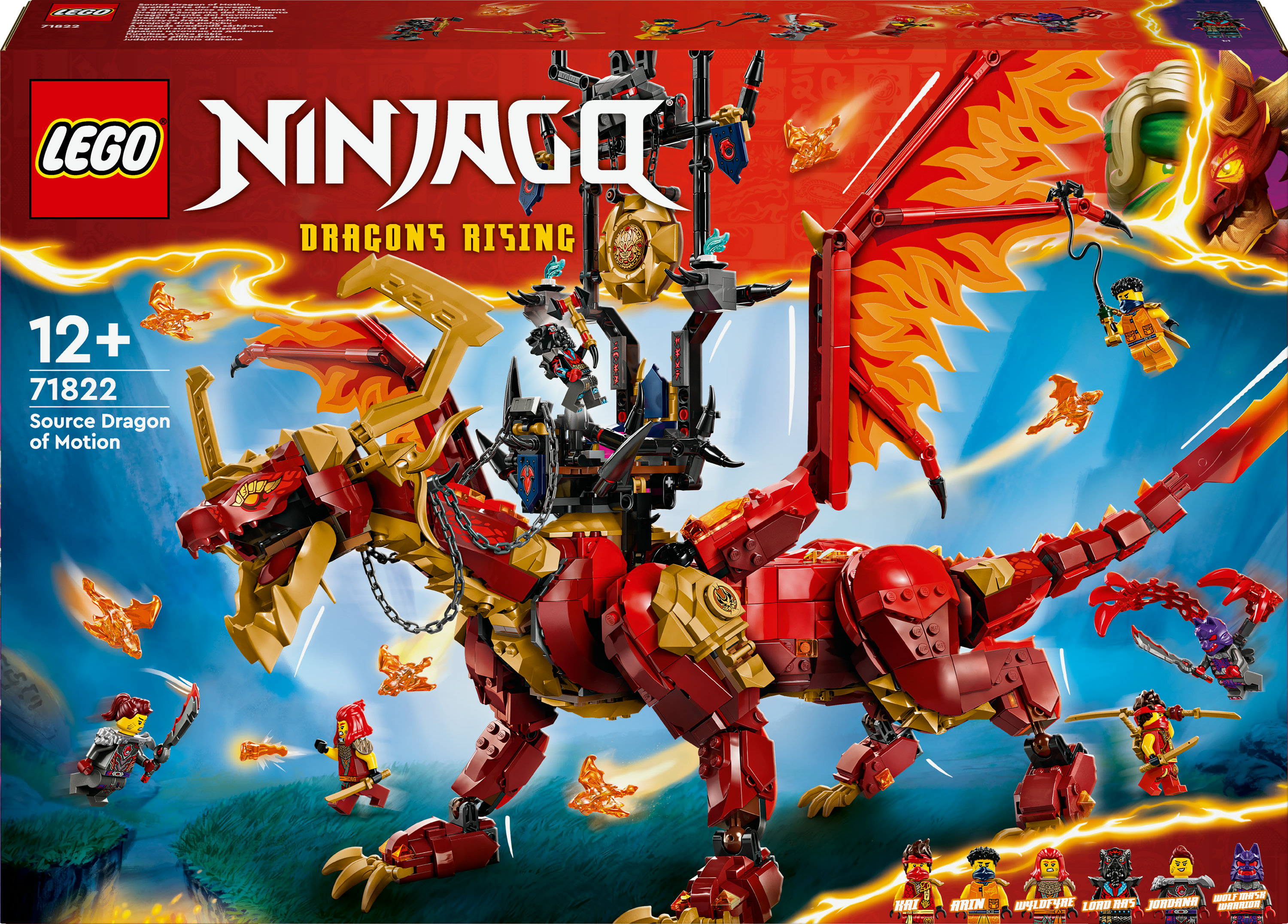 Grafika pudełka Lego Ninjago: Czerwony smok ze złotymi akcentami, figurki Ninjago i czarna konstrukcja na grzbiecie.