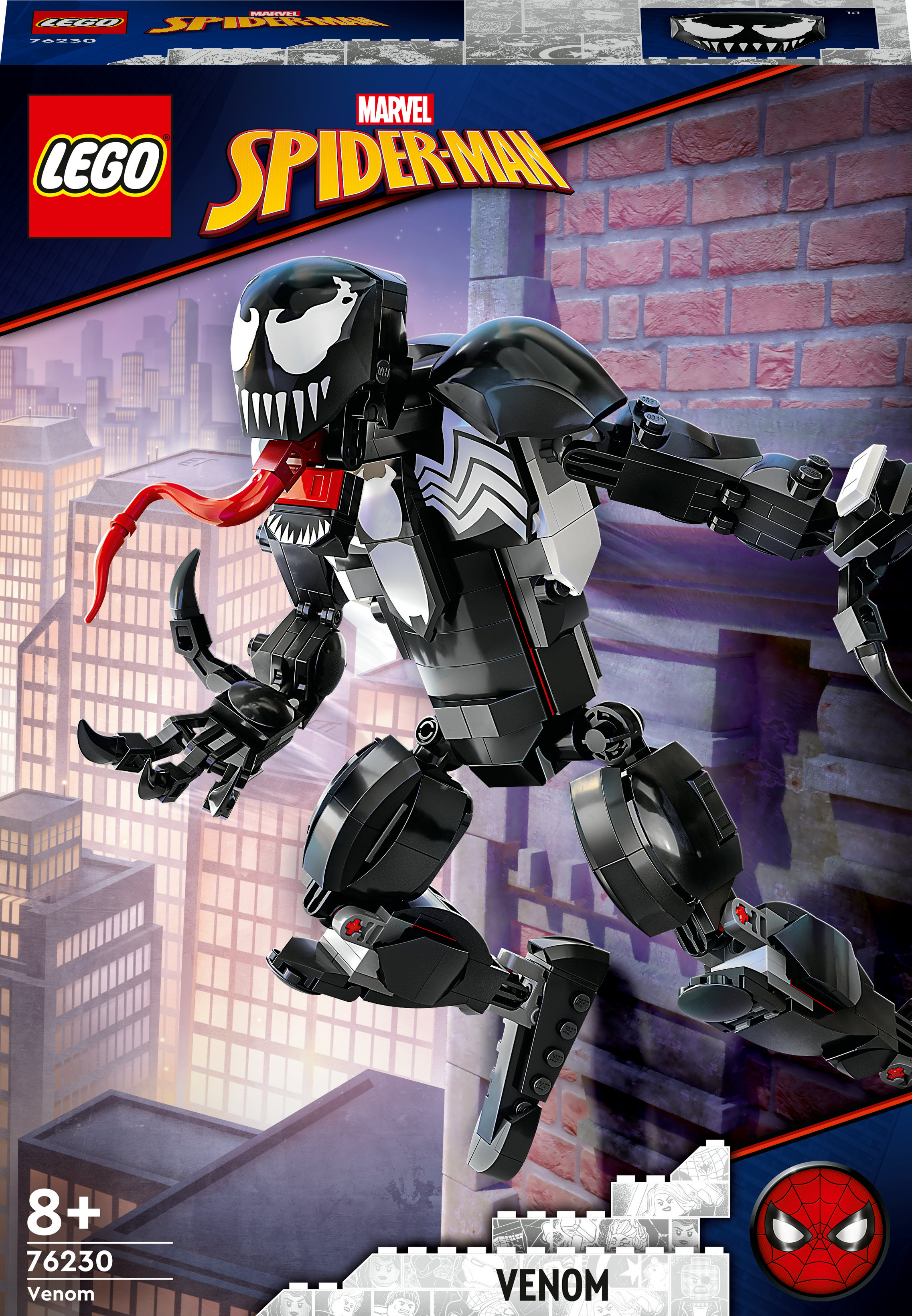 Venom Lego seti, uzun dili ve beyaz gözleri olan siyah figür, bir şehir sahnesinin üzerinden atlıyor.