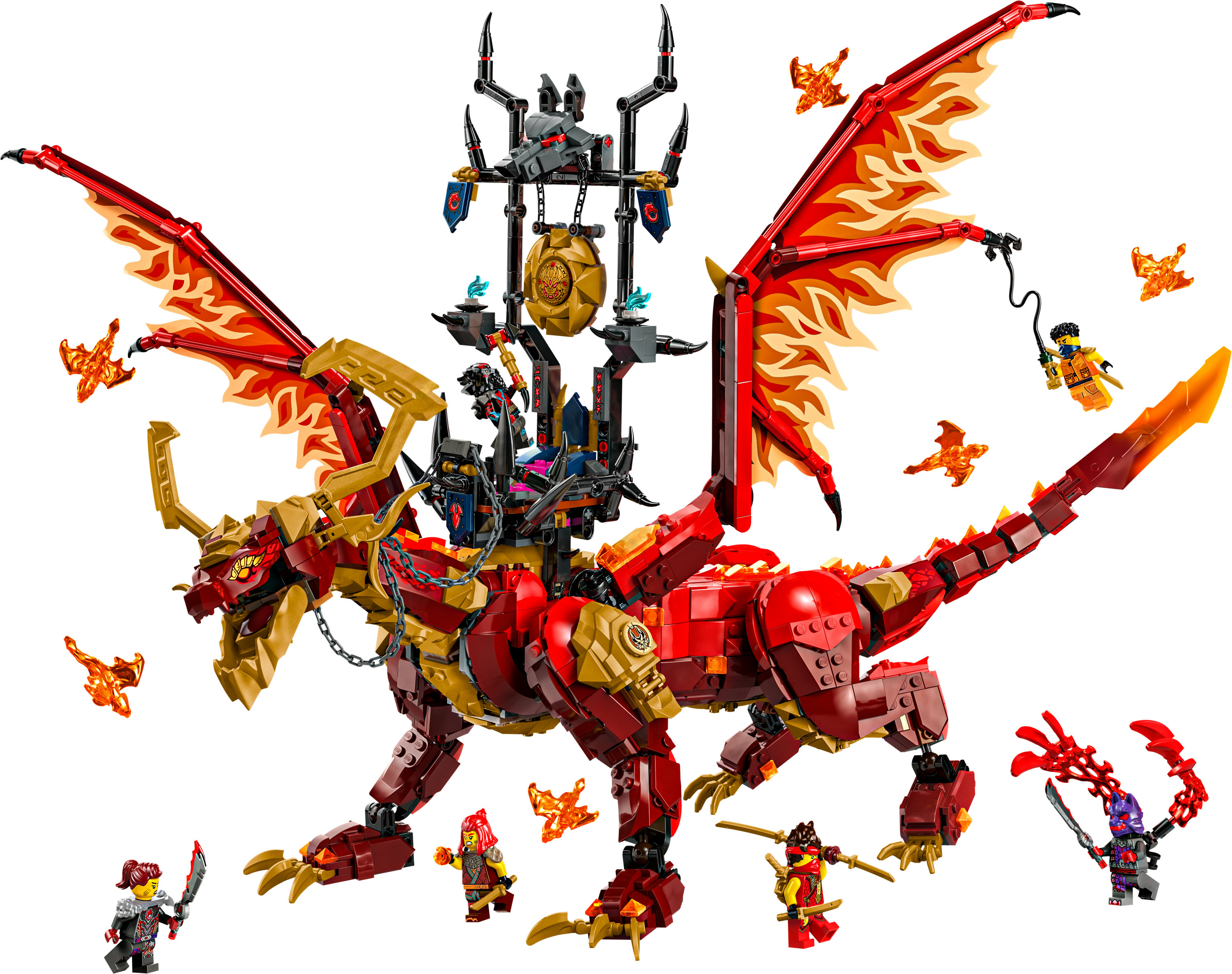 Pudełko zestawu LEGO Ninjago Dragon z czerwonym smokiem, minifigurkami i sceną bitwy.