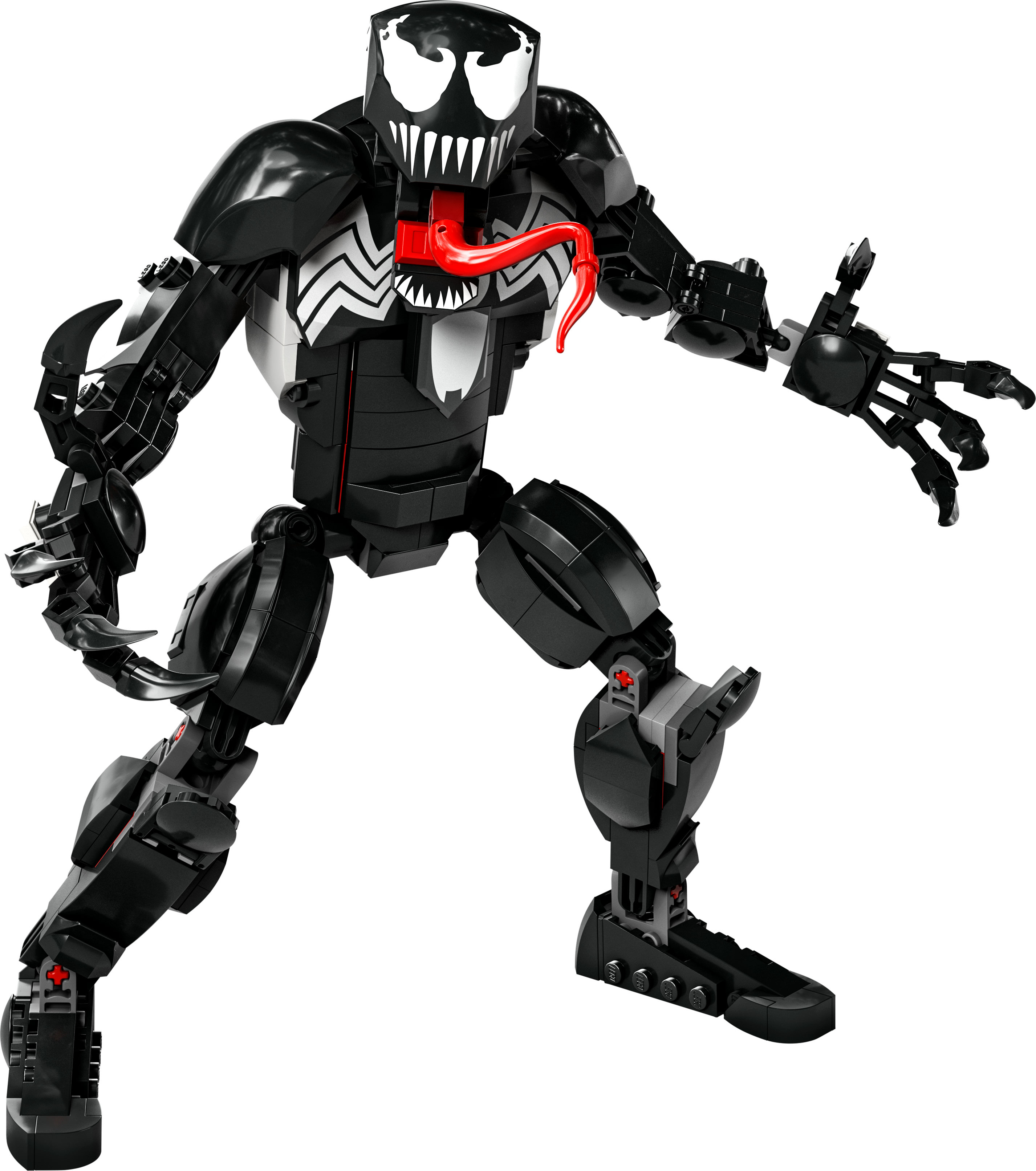 Venom Lego figürü aksiyon pozunda, çoğunlukla siyah, kırmızı dil ile, beyaz zemin.
