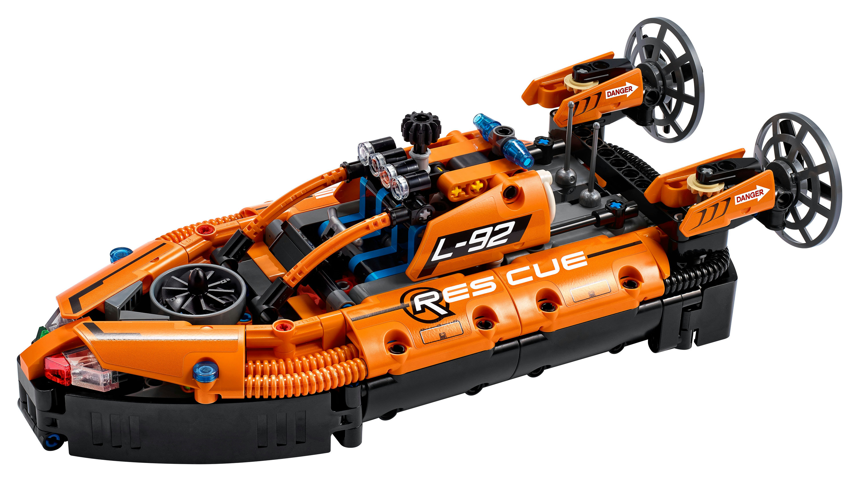 LEGO-Luftkissenfahrzeug-Rettungsfahrzeug mit orangefarbenen und schwarzen Details, Rotoren und Text: RESCUE.