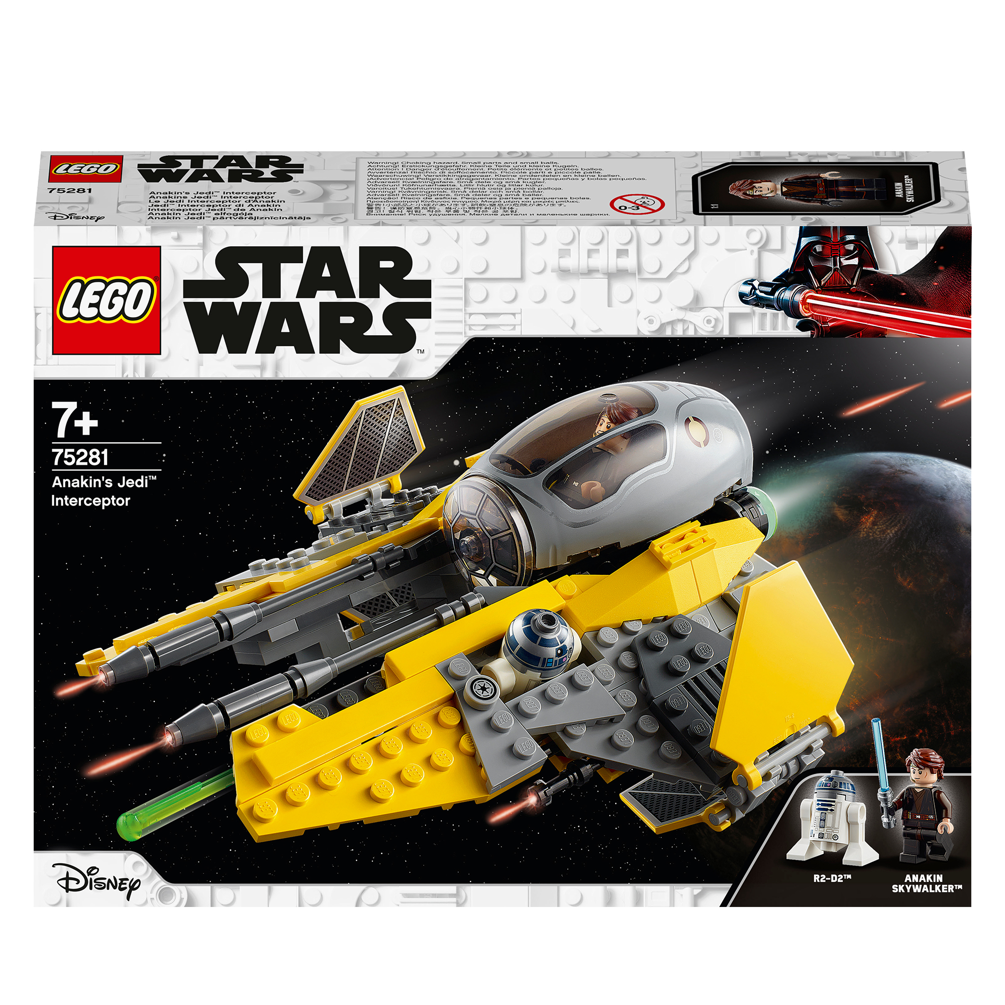 Lego Star Wars Set. Ein gelbes und graues Raumschiff. Anakin Skywalker und R2-D2 Figuren sind enthalten.