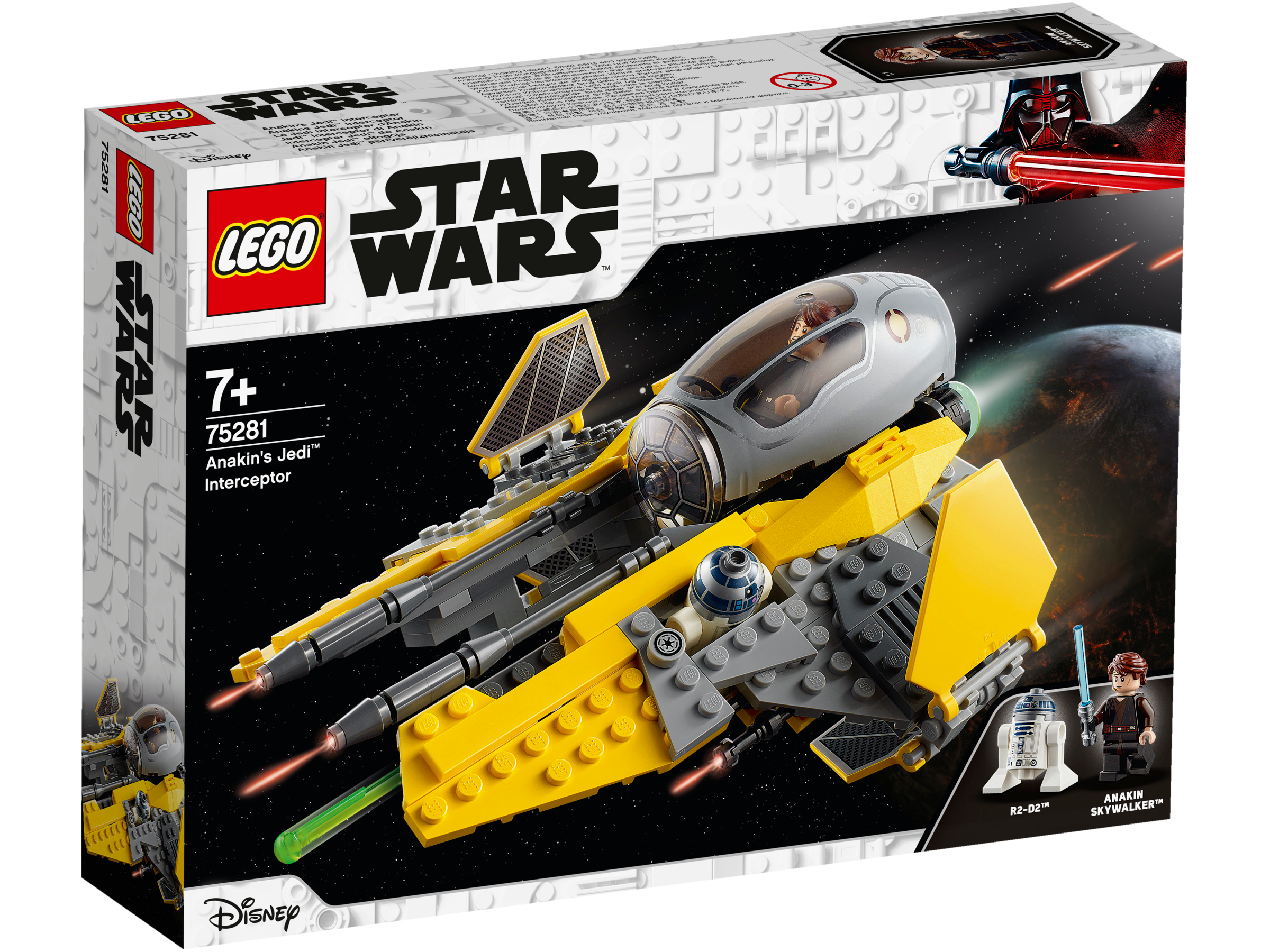 LEGO Star Wars Set mit Anakins Jedi Interceptor, Minifiguren und der LEGO Box.