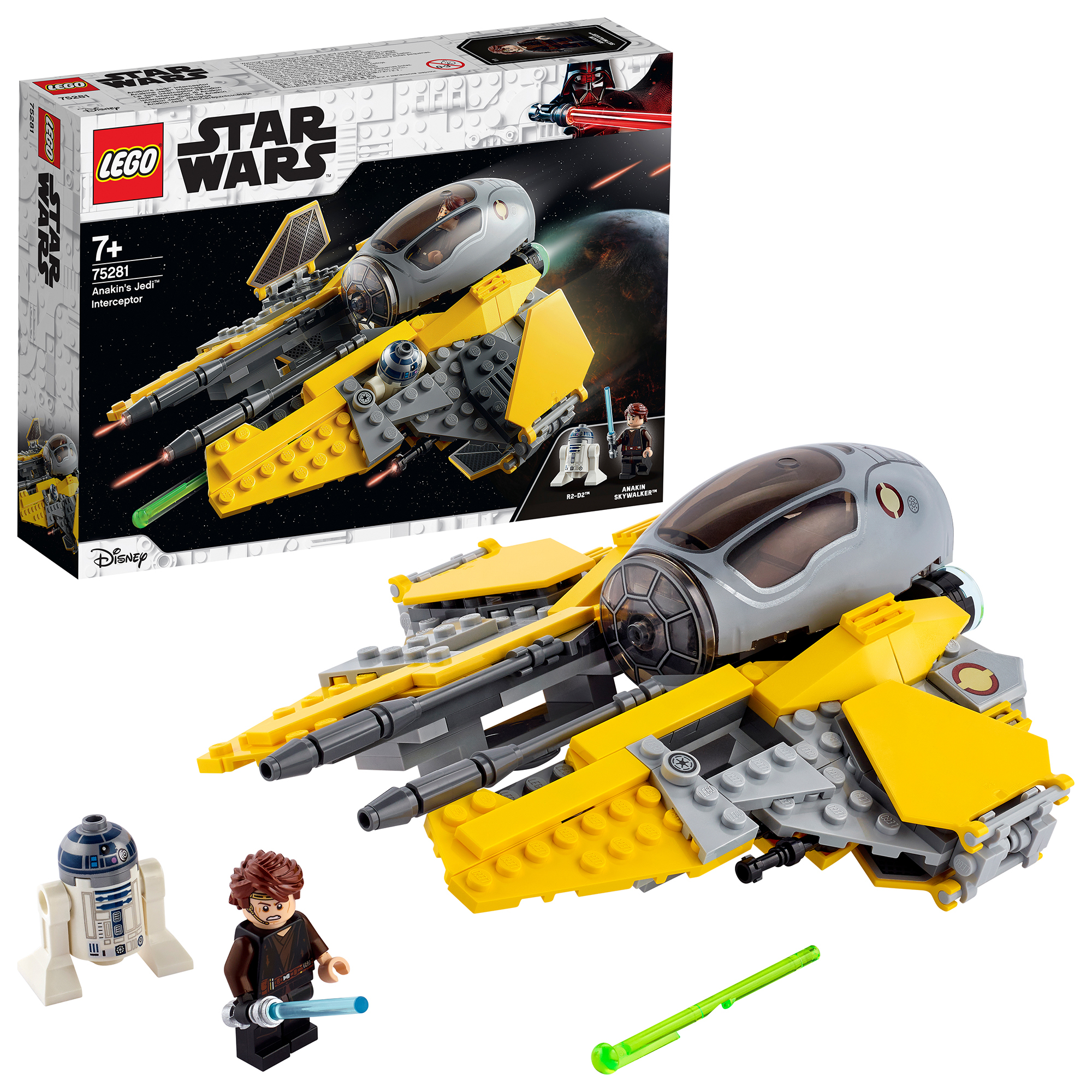Lego Star Wars Set mit gelbem und grauem Jedi Interceptor, Anakin und Figuren.