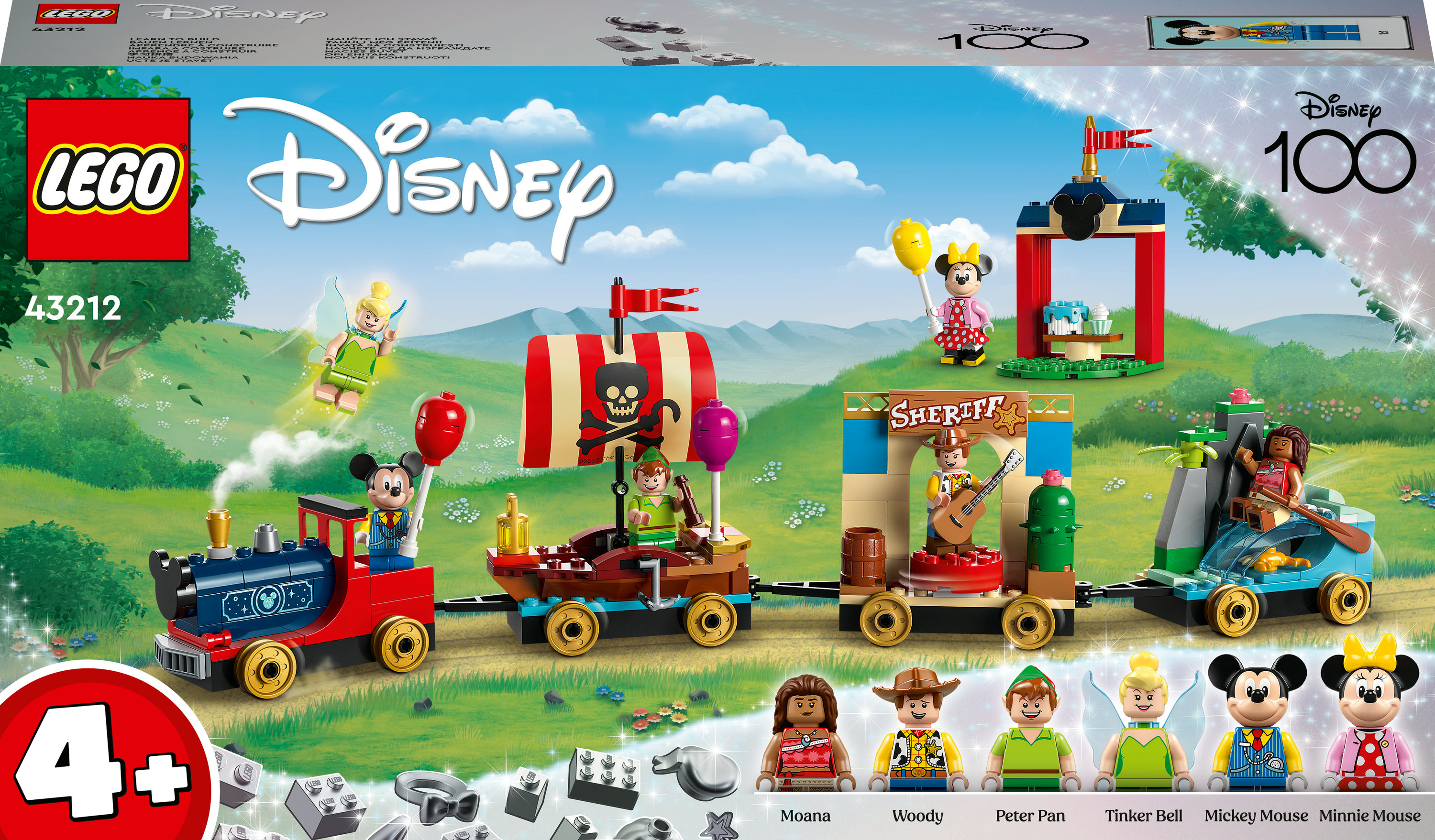 Zestaw Lego Disney 100 przedstawiający pociąg z postaciami Disneya: Mickey, Minnie, Piotruś Pan itp.