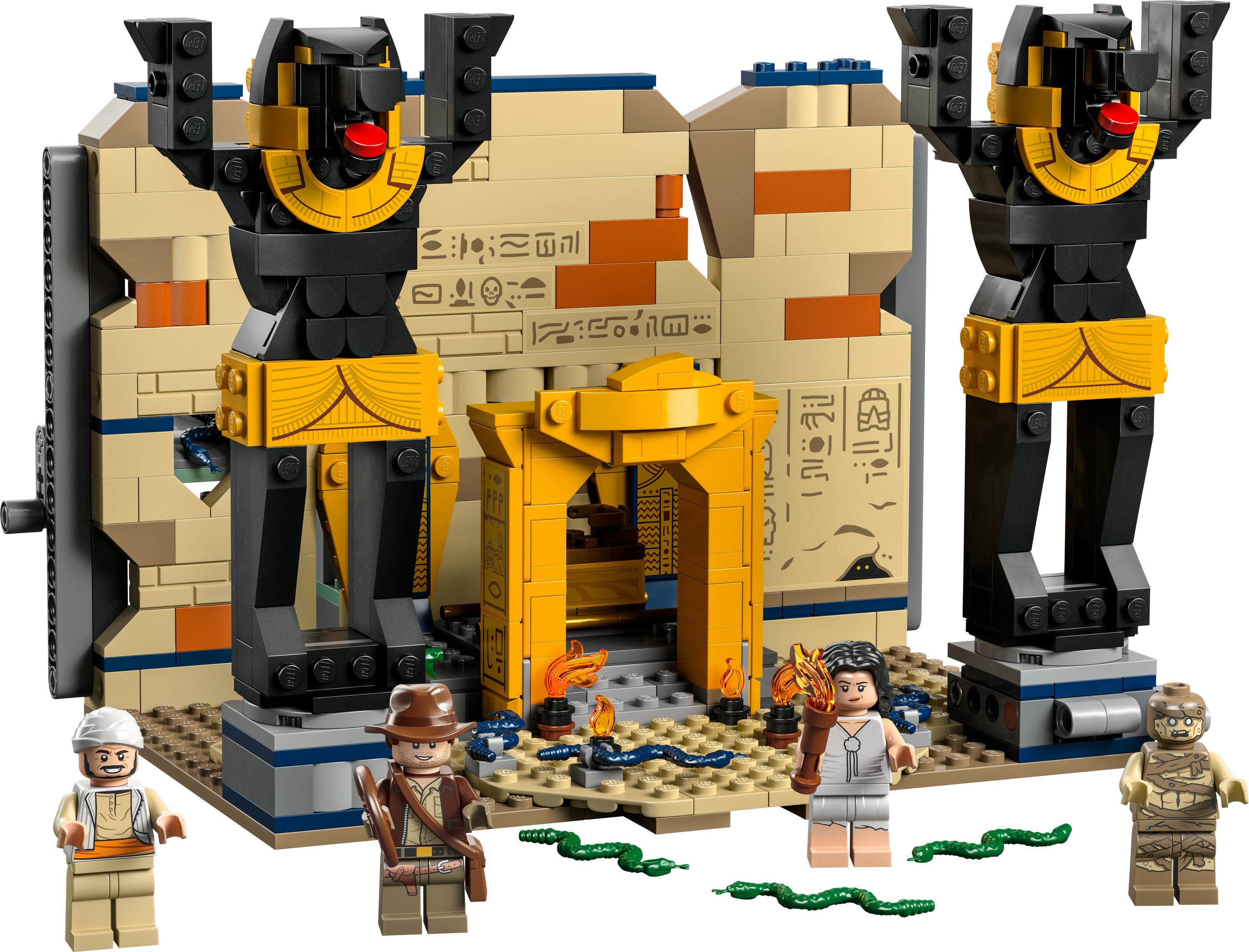 Set Lego raffigurante un tempio egizio con statue, figure di faraoni e altri personaggi.