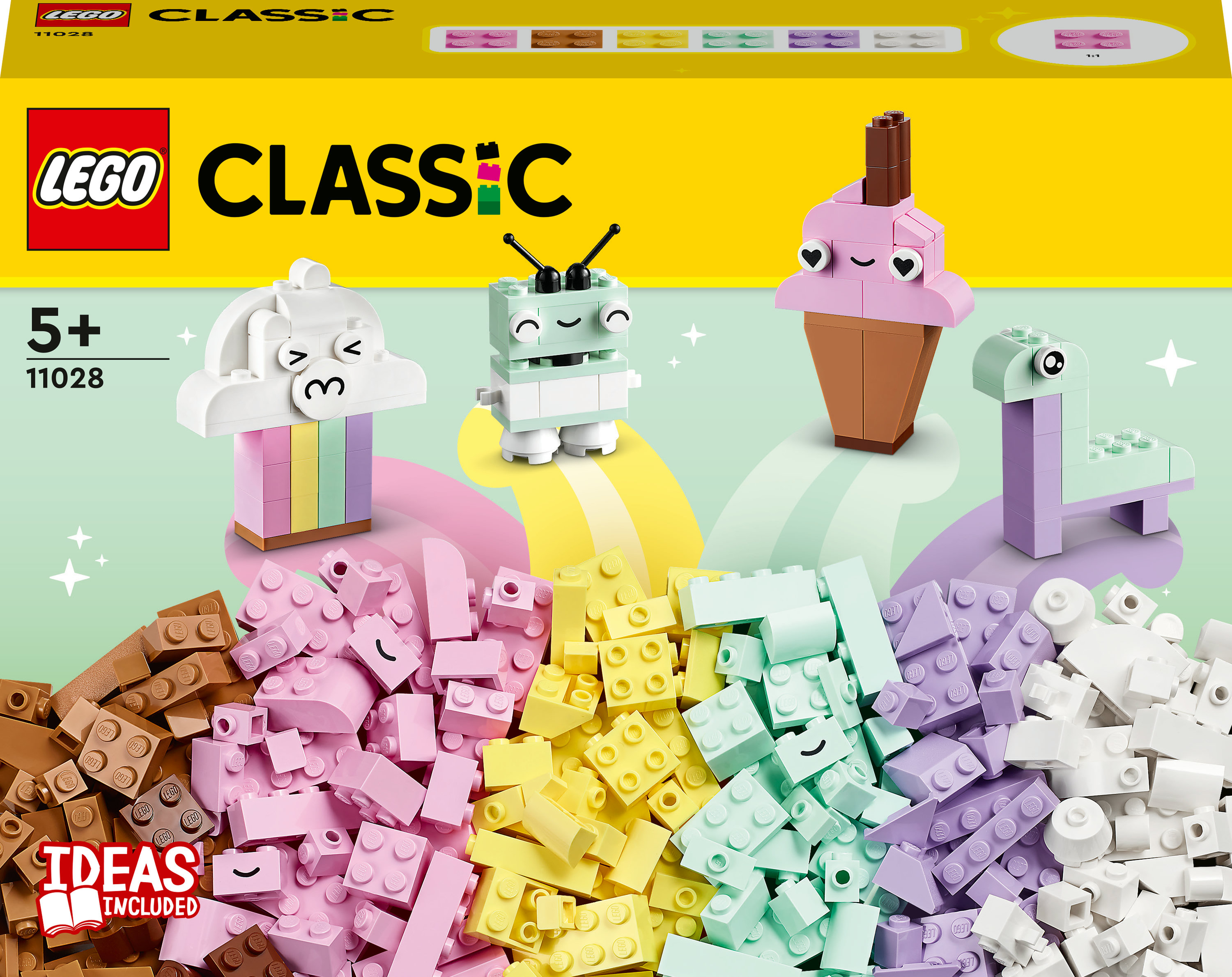 Önünde çeşitli Lego figürleri ve renkli tuğlalar bulunan Lego Classic kutusu.