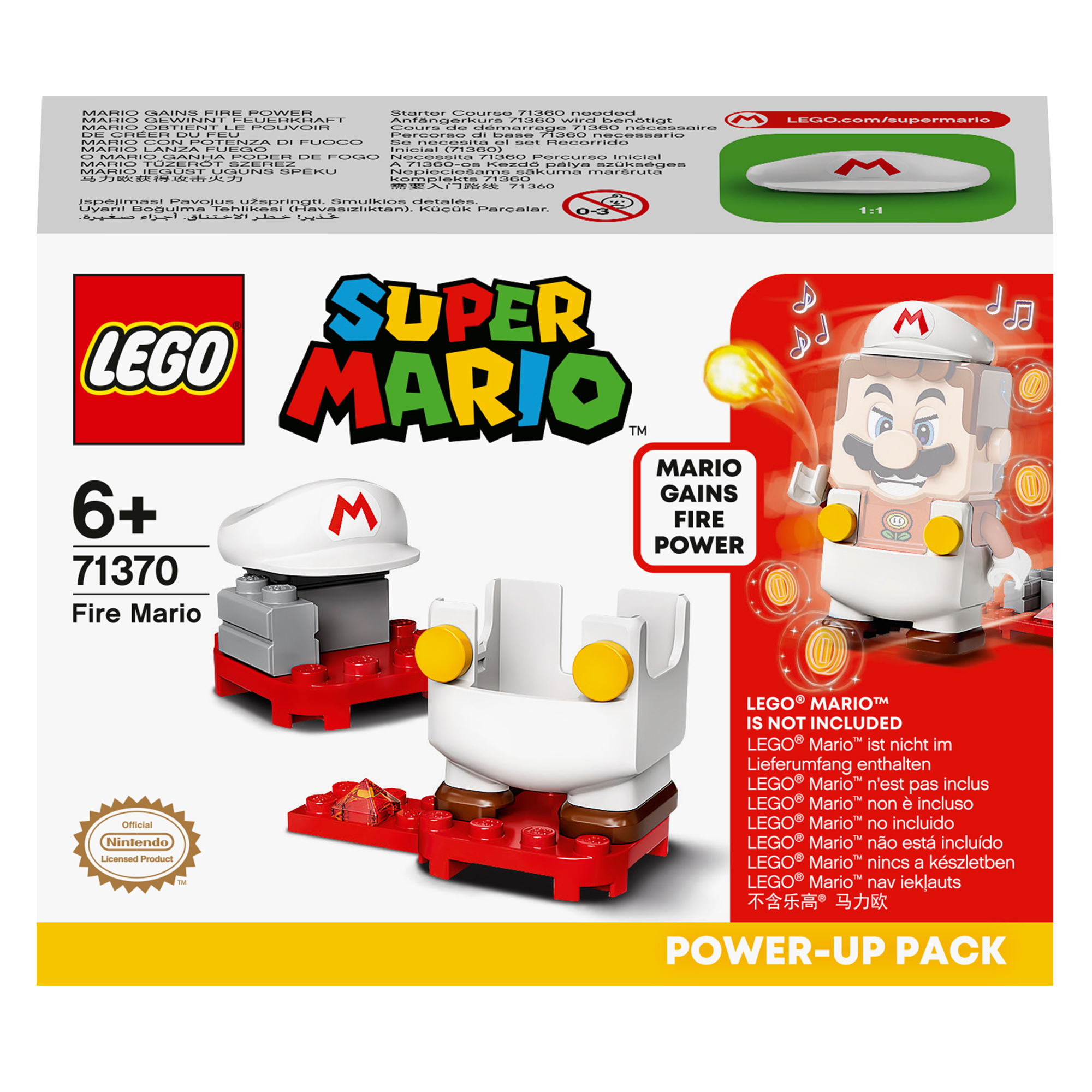 Lego Super Mario Set-Box. Mario-Figur in weißem Anzug mit roten Stiefeln und Hut.