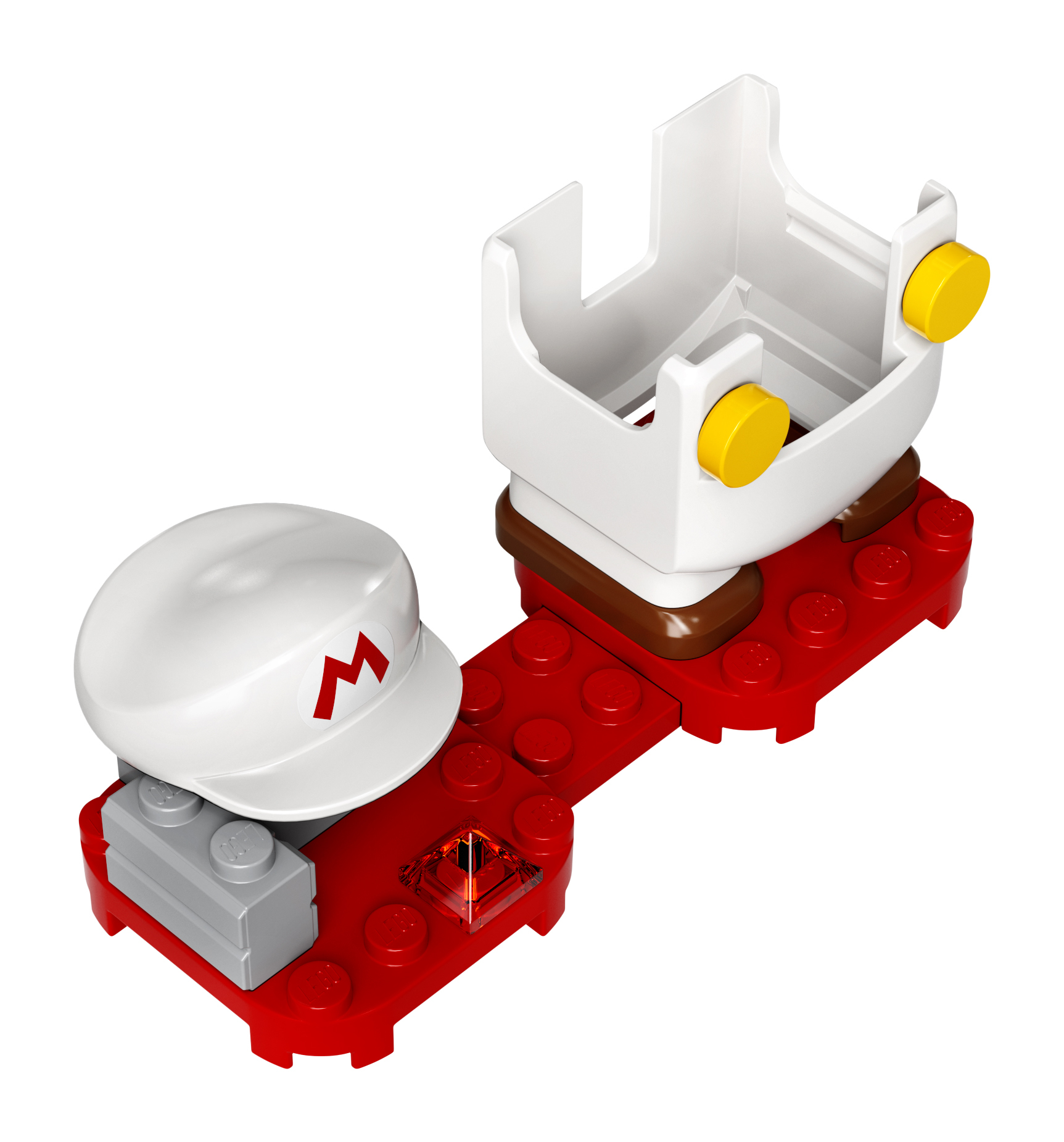 Ein Lego-Figuren-Setup mit weißem Hut, roter Basis und weißem Ständer. Ein roter Buchstabe M ist auf dem Hut.