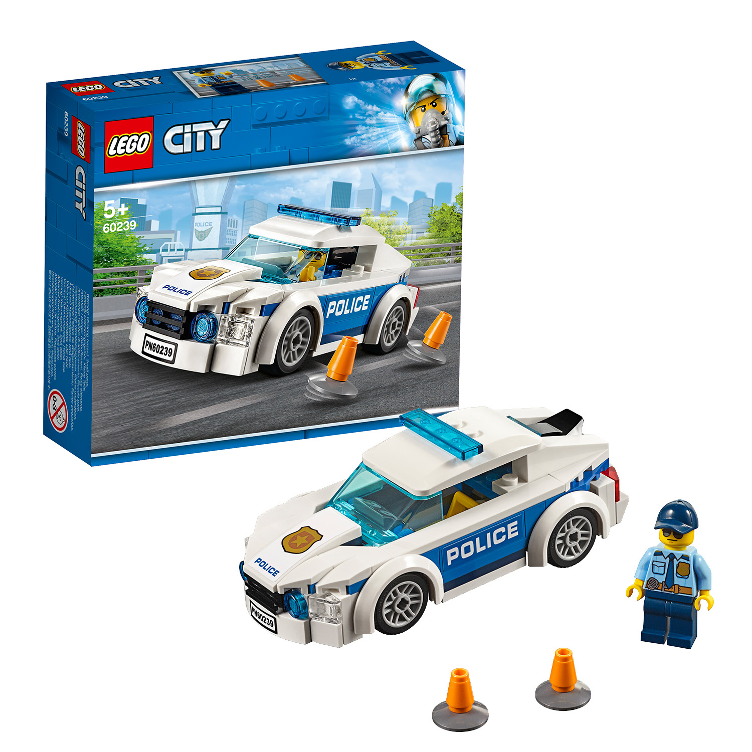 Lego City Polizeiauto-Set mit Auto, Figuren und orangefarbenen Kegeln.