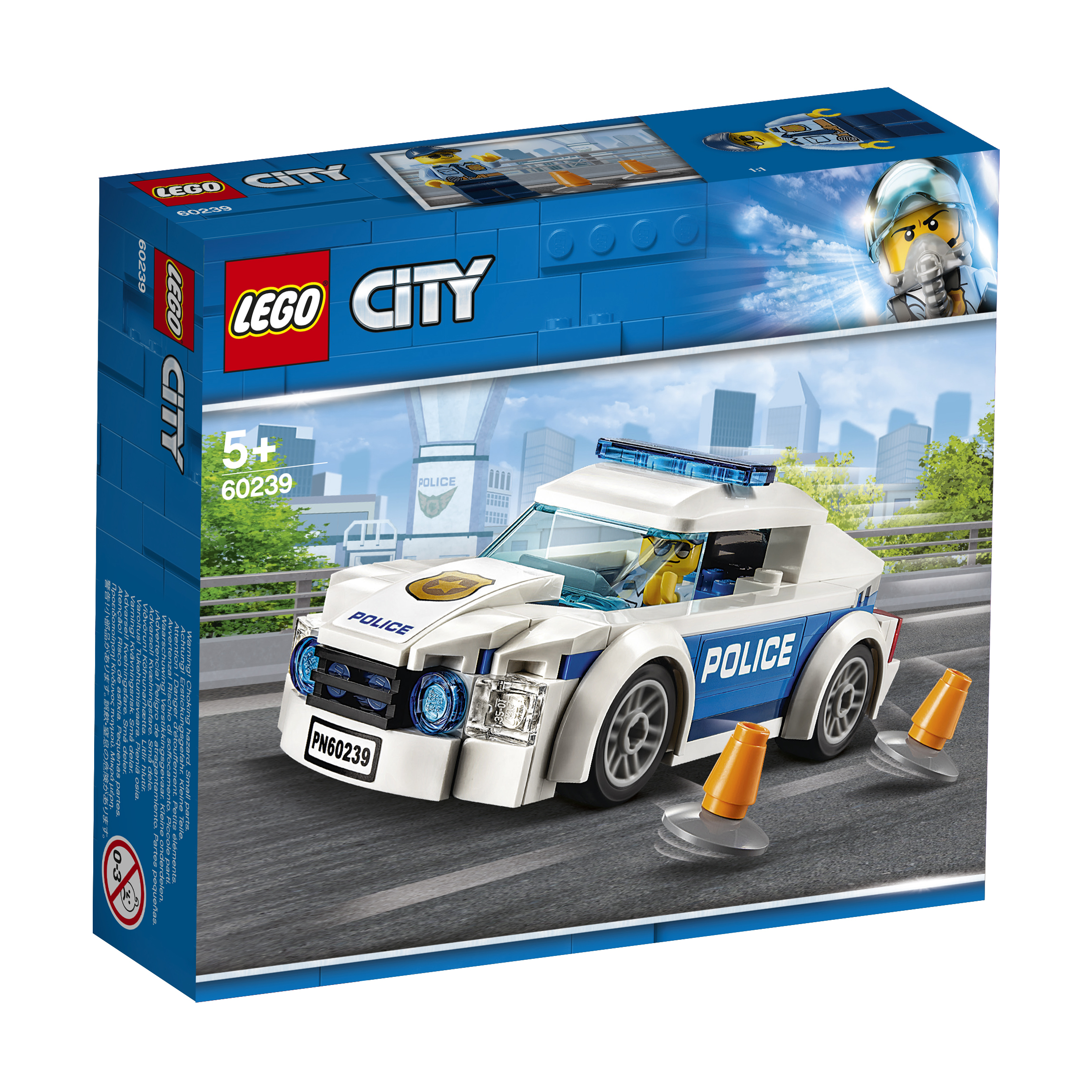 Lego City Polizeiauto-Box. Weiß und Blau, Polizei-Logo, orangefarbene Kegel.