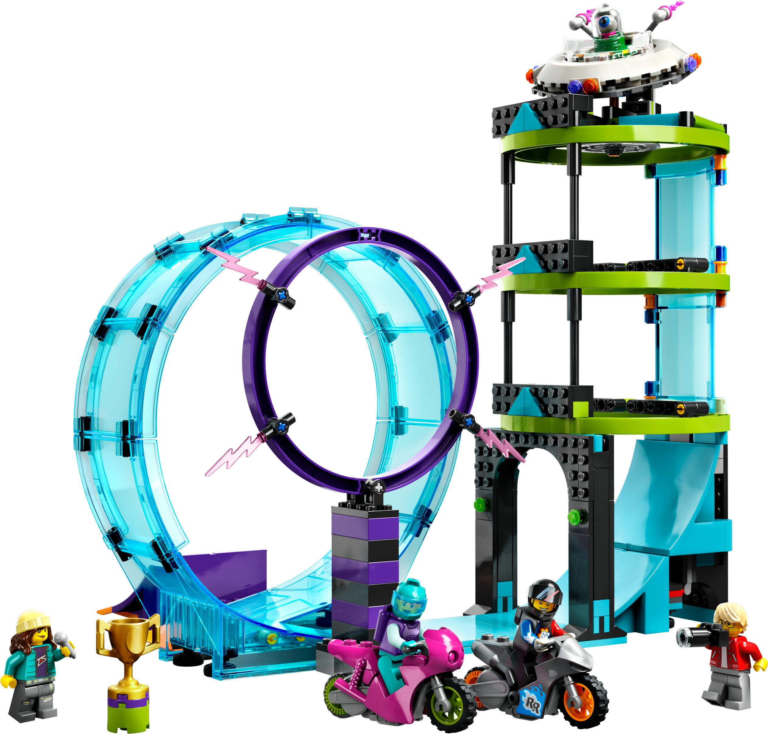 Pist, döngü, kule ve motosiklet süren minifigürlerle Lego seti. Bir kupa içerir.