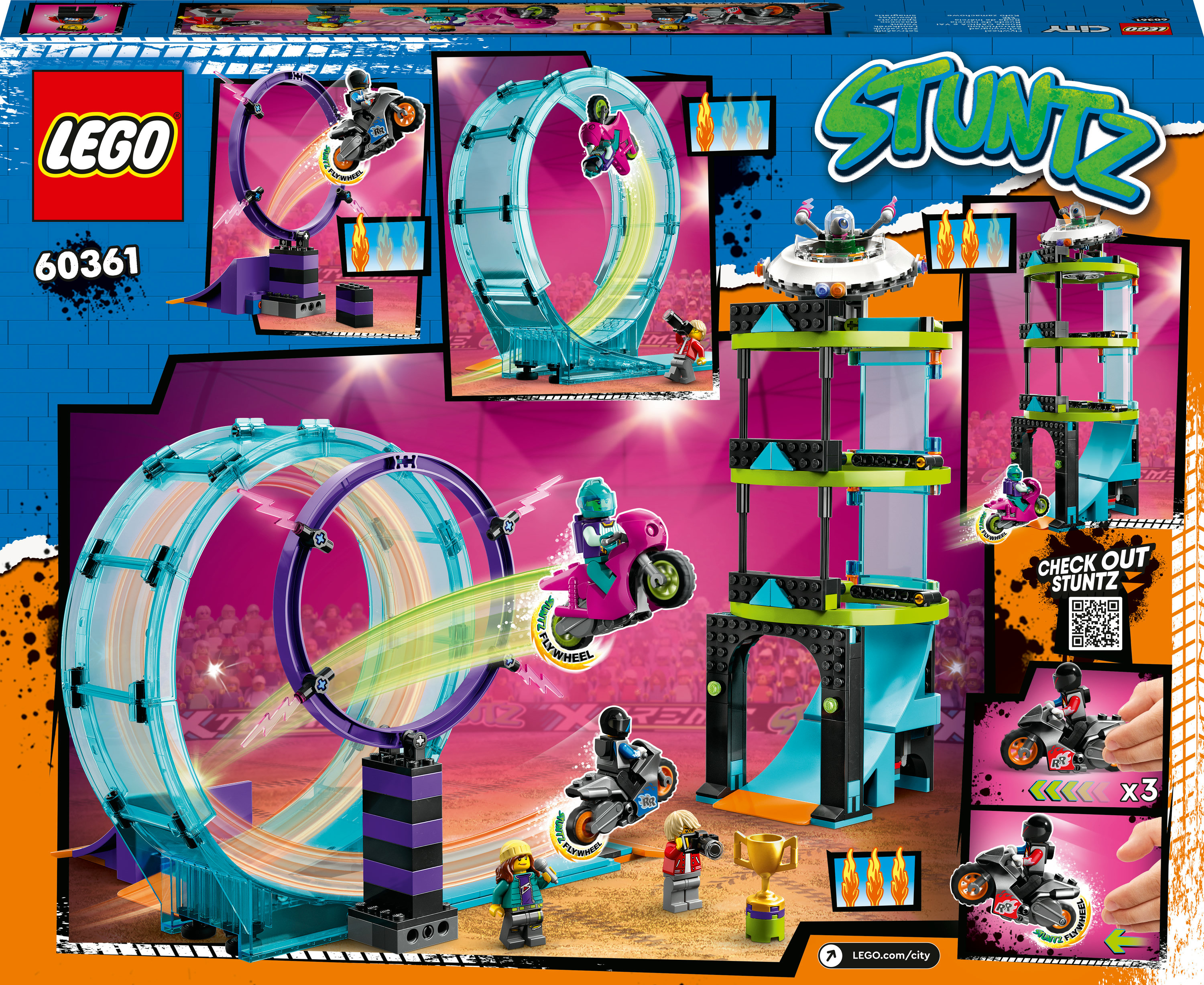 Renkli bir sahnede dublör rampaları, motosikletler ve figürlerle LEGO Stuntz seti.